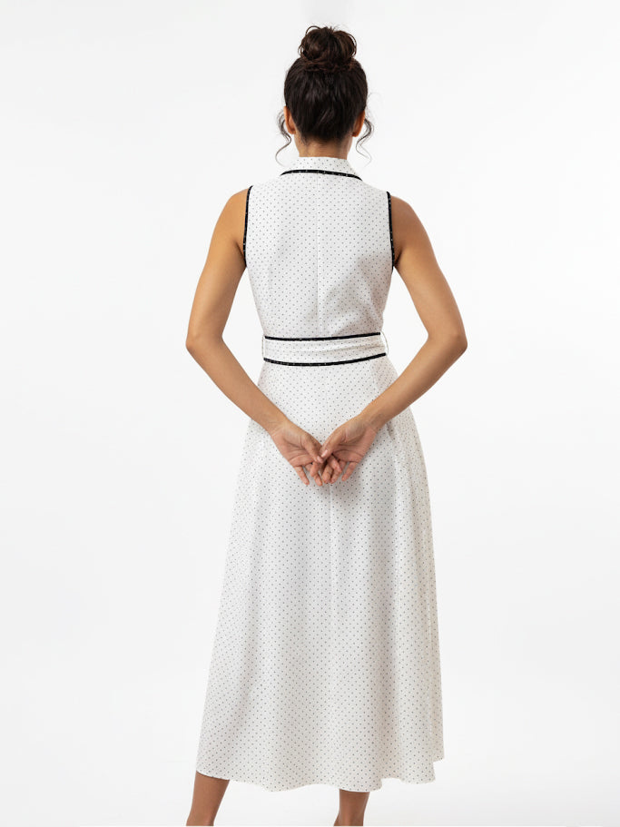 Women's White-based Black Polka Dot Contrast-trimmed Belted Collared Midi Dress, Retro-style Elegant Slimming Shirt Dress