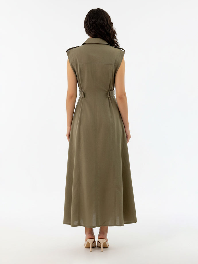 Women's Army Green Collared Sleeveless Single-breasted Waist-defined Maxi Dress, Retro-style Smart Slimming Shirt Dress