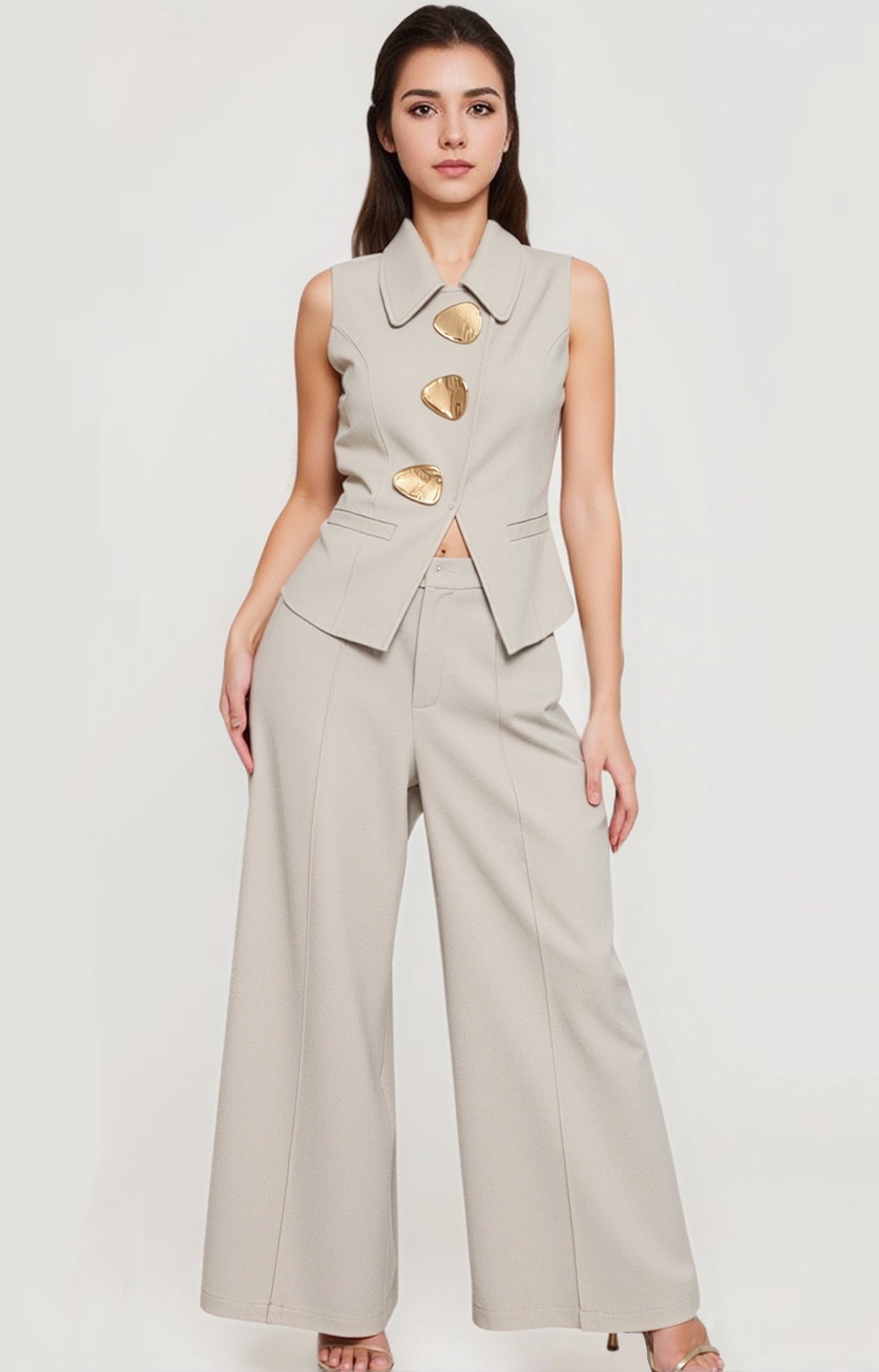 Women's Beige Irregular Metal-Button Sleeveless Vest + Wide-Leg Pants Two-Piece Set