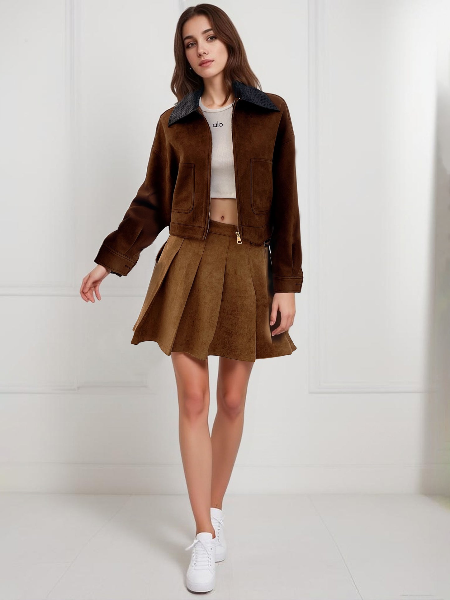 Women's Brown Suede-Like Color-Block Paneled Cropped Jacket + Pleated Skirt Two-Piece Set