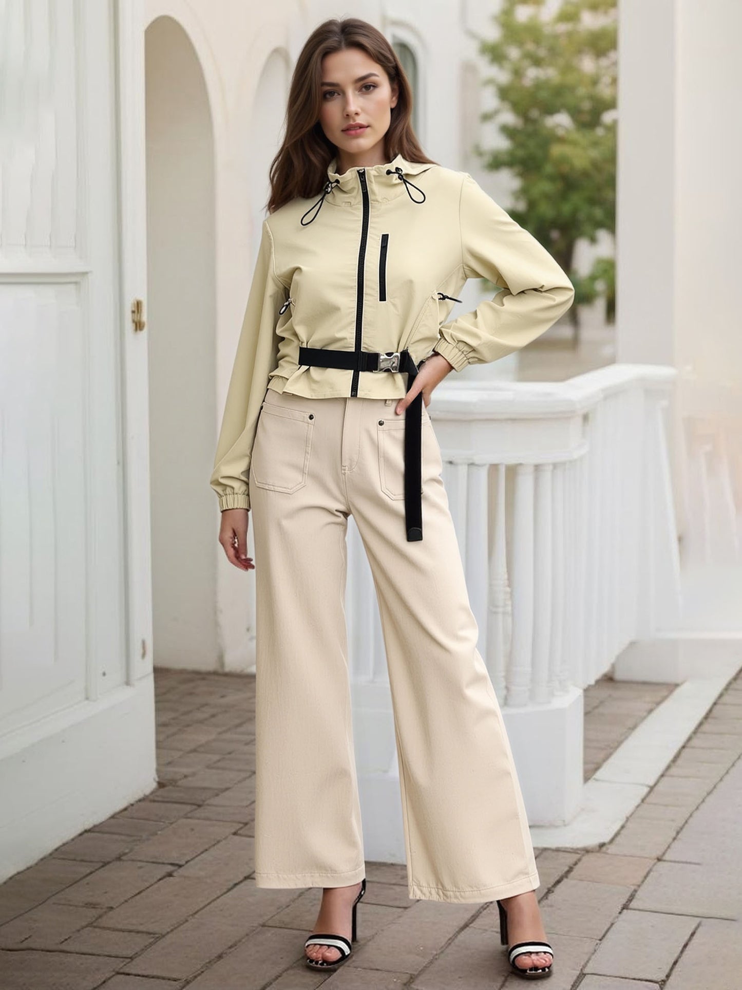 Women's Off-White Color-Block Fitted-Waist Hooded Utility-Style Jacket + Wide-Leg Pants Two-Piece Set