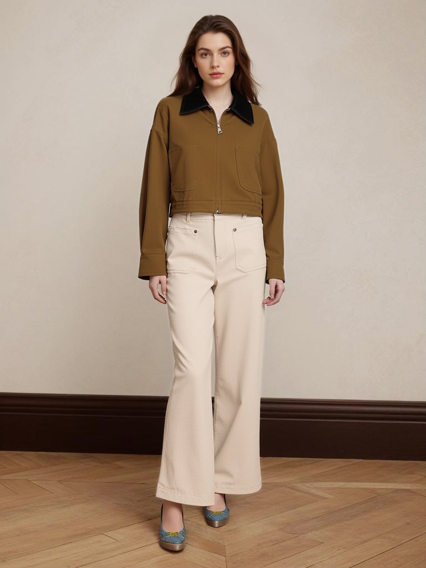 Women's Brown-Coffee Color-Block Paneled Cropped Utility-Style Jacket + Beige Wide-Leg Pants Two-Piece Set