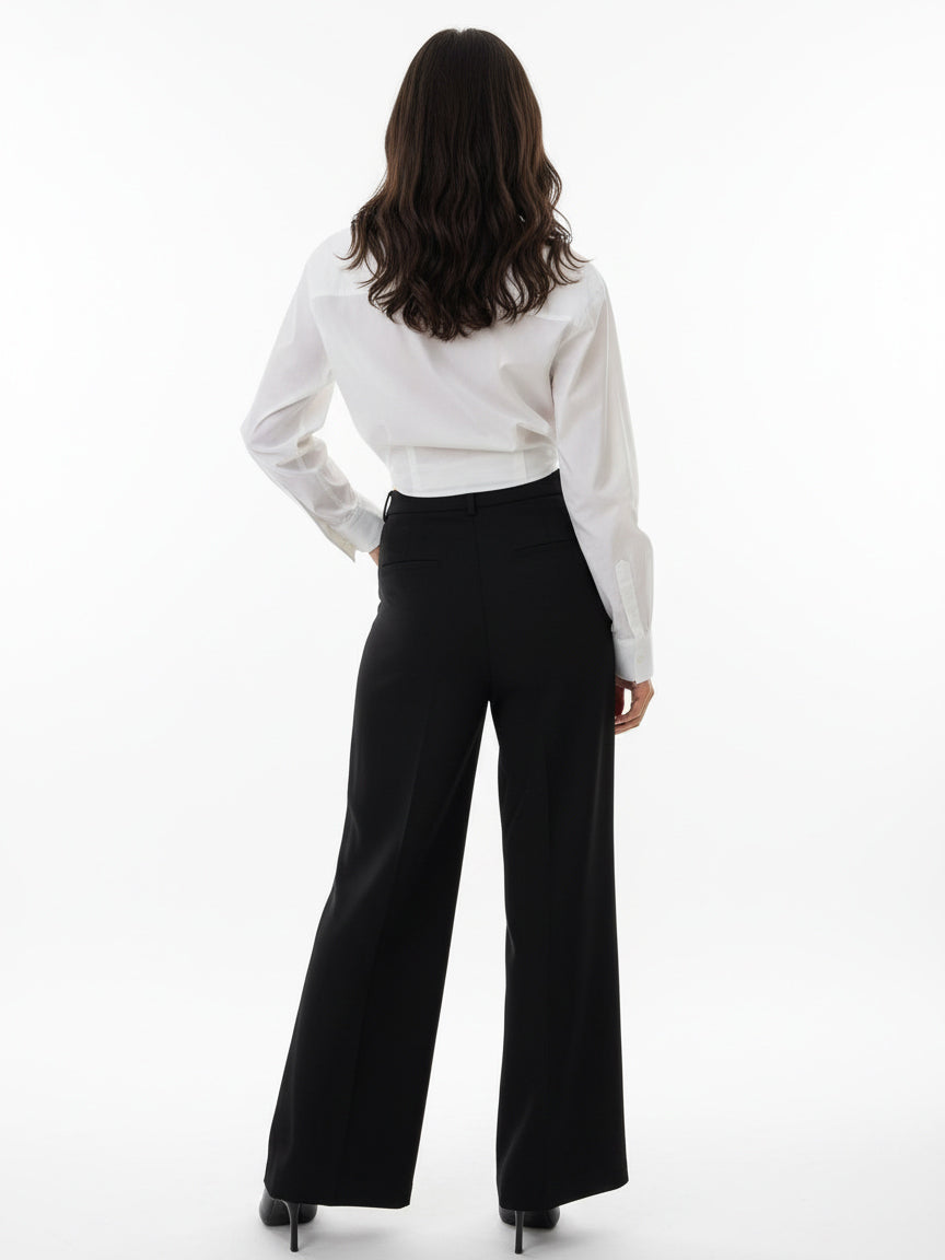 Women's White Collared Long-sleeve Tie-up Cropped Top + Black Wide-leg Pants Set, Retro-style Minimalist Slimming Two-piece Outfit