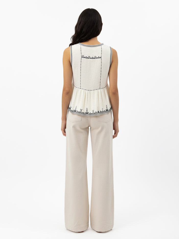 Women's Beige Ethnic Embroidered Sleeveless Cropped Top + Beige Wide-leg Pants Set, Retro-style Exotic Slimming Two-piece Outfit