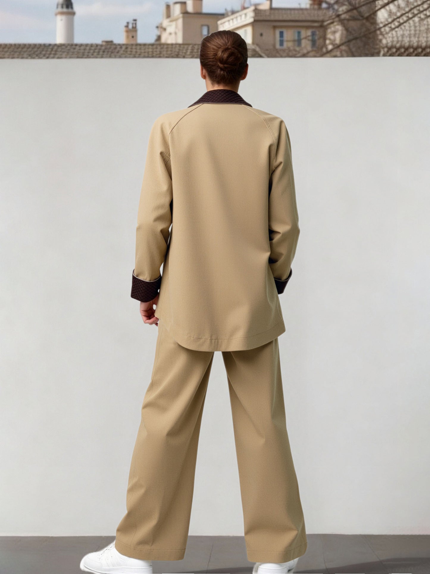 Women's Khaki Color-Block Cargo-Style Jacket + Wide-Leg Pants Two-Piece Set, Women's Casual & Office-Ready Outfit,Minimum order quantity: 1 piece