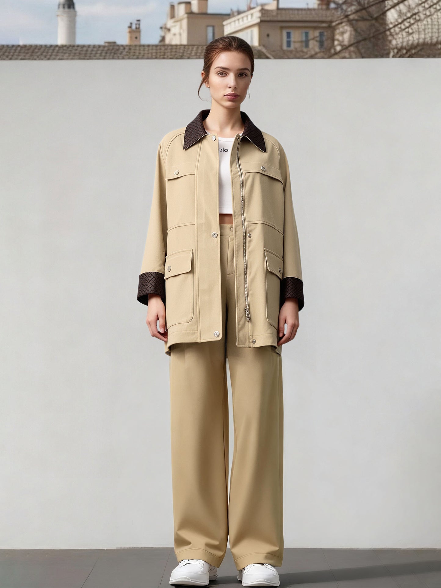 Women's Khaki Color-Block Cargo-Style Jacket + Wide-Leg Pants Two-Piece Set, Women's Casual & Office-Ready Outfit,Minimum order quantity: 1 piece