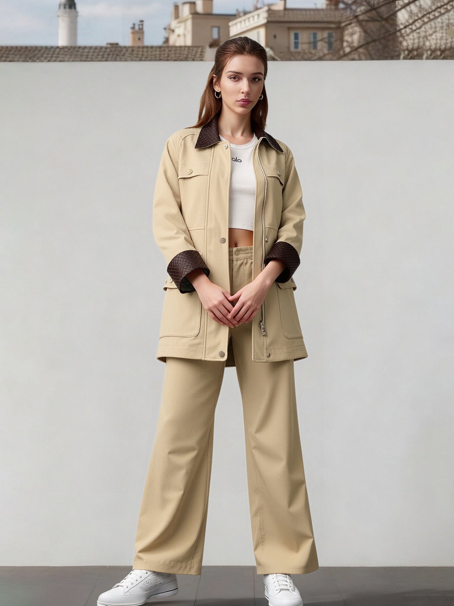 Women's Khaki Color-Block Cargo-Style Jacket + Wide-Leg Pants Two-Piece Set, Women's Casual & Office-Ready Outfit,Minimum order quantity: 1 piece
