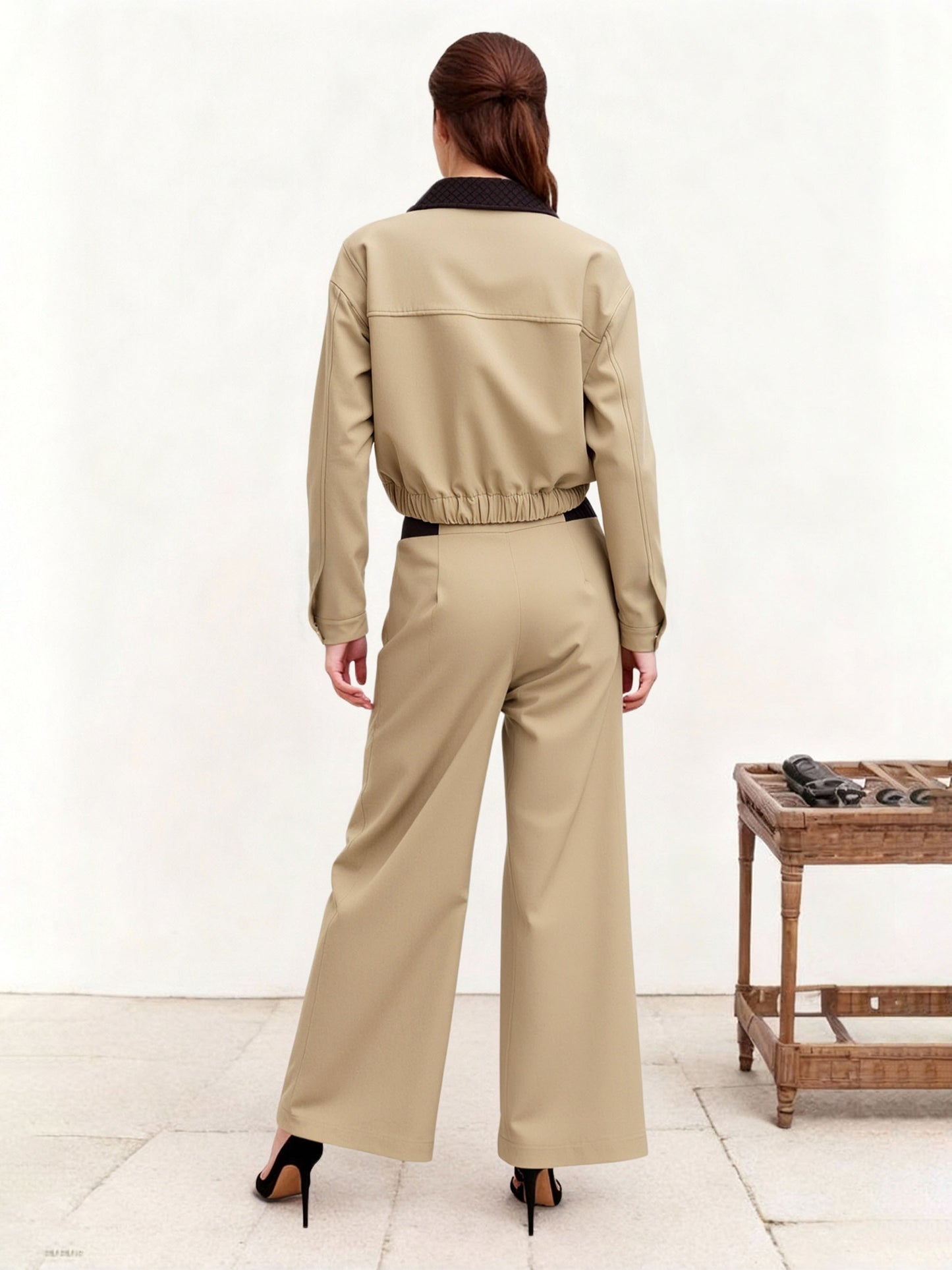 Ensemble deux pièces veste courte style cargo à panneaux et pantalon large à blocs de couleurs kaki pour femme,