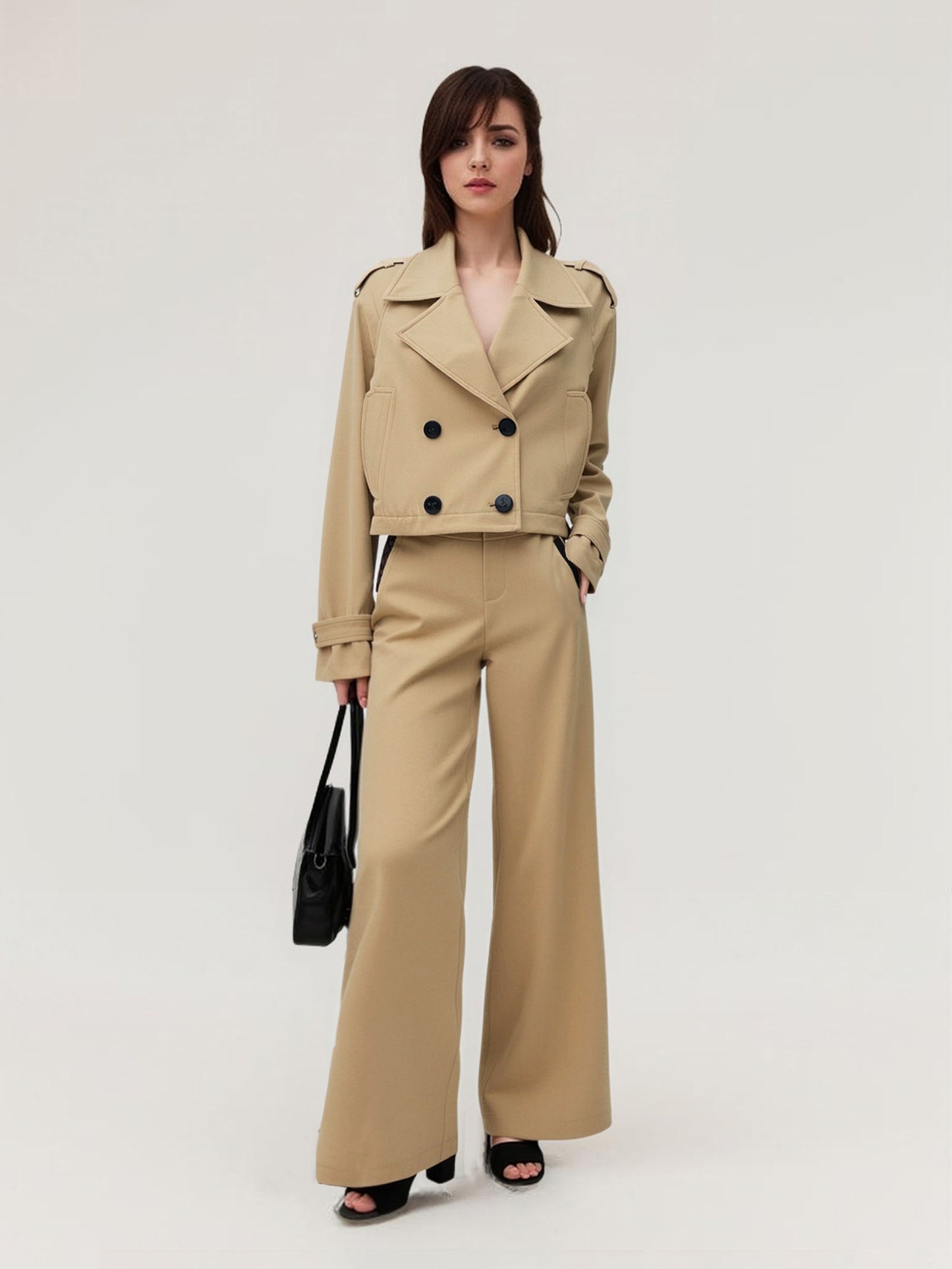 Women's Khaki Short Trench Coat + Wide-Leg Pants Two-Piece Set
