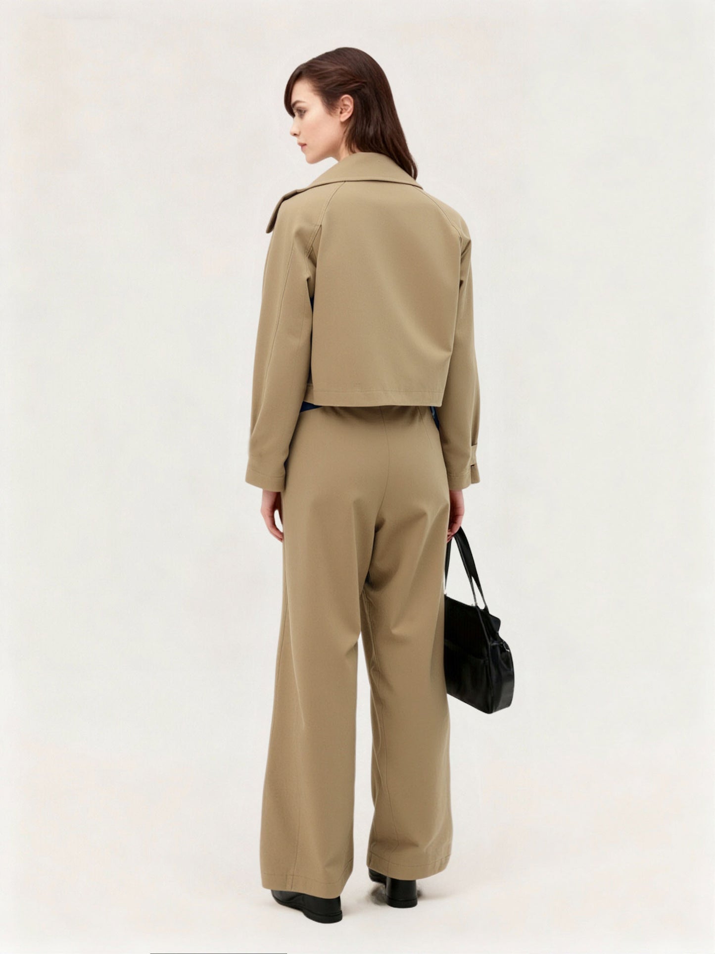 Women's Khaki Short Trench Coat + Wide-Leg Pants Two-Piece Set