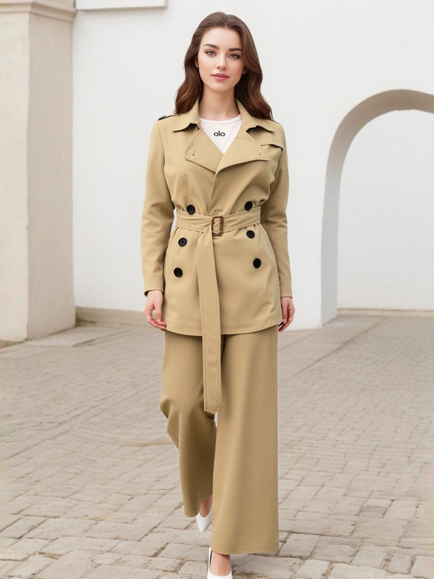Women's Khaki Classic Trench Coat + Wide-Leg Pants Two-Piece Set