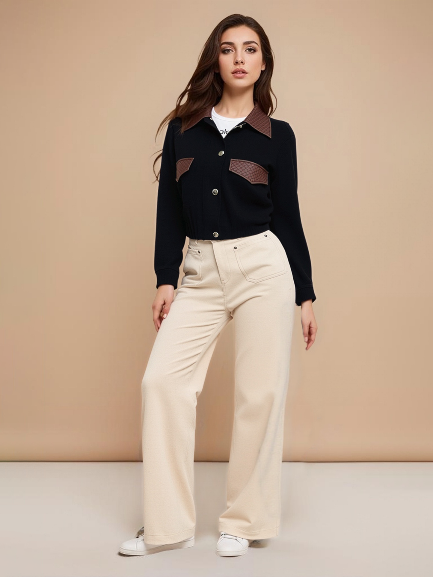 Women's Black Contrast-Color Paneled Short Jacket + Beige Wide-Leg Pants Two-Piece Set