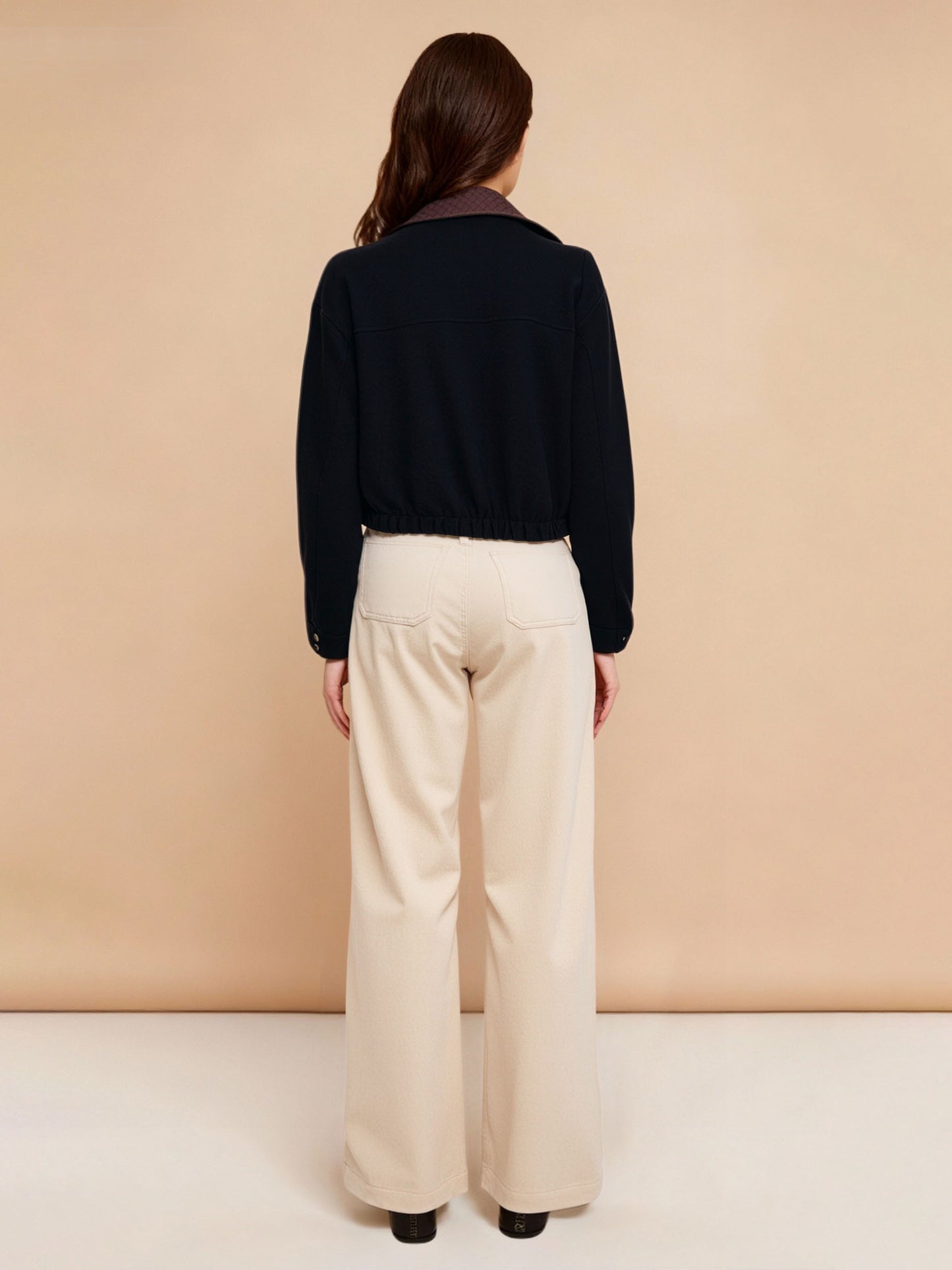 Women's Black Contrast-Color Paneled Short Jacket + Beige Wide-Leg Pants Two-Piece Set