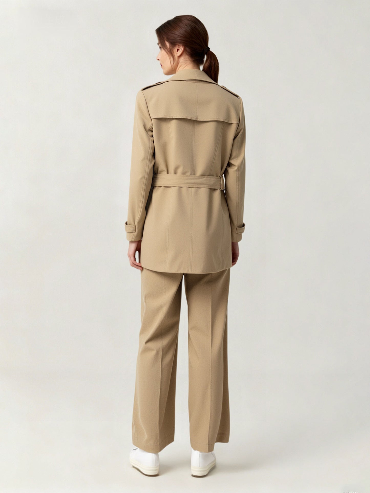 Women's Khaki Classic Trench Coat + Wide-Leg Pants Two-Piece Set
