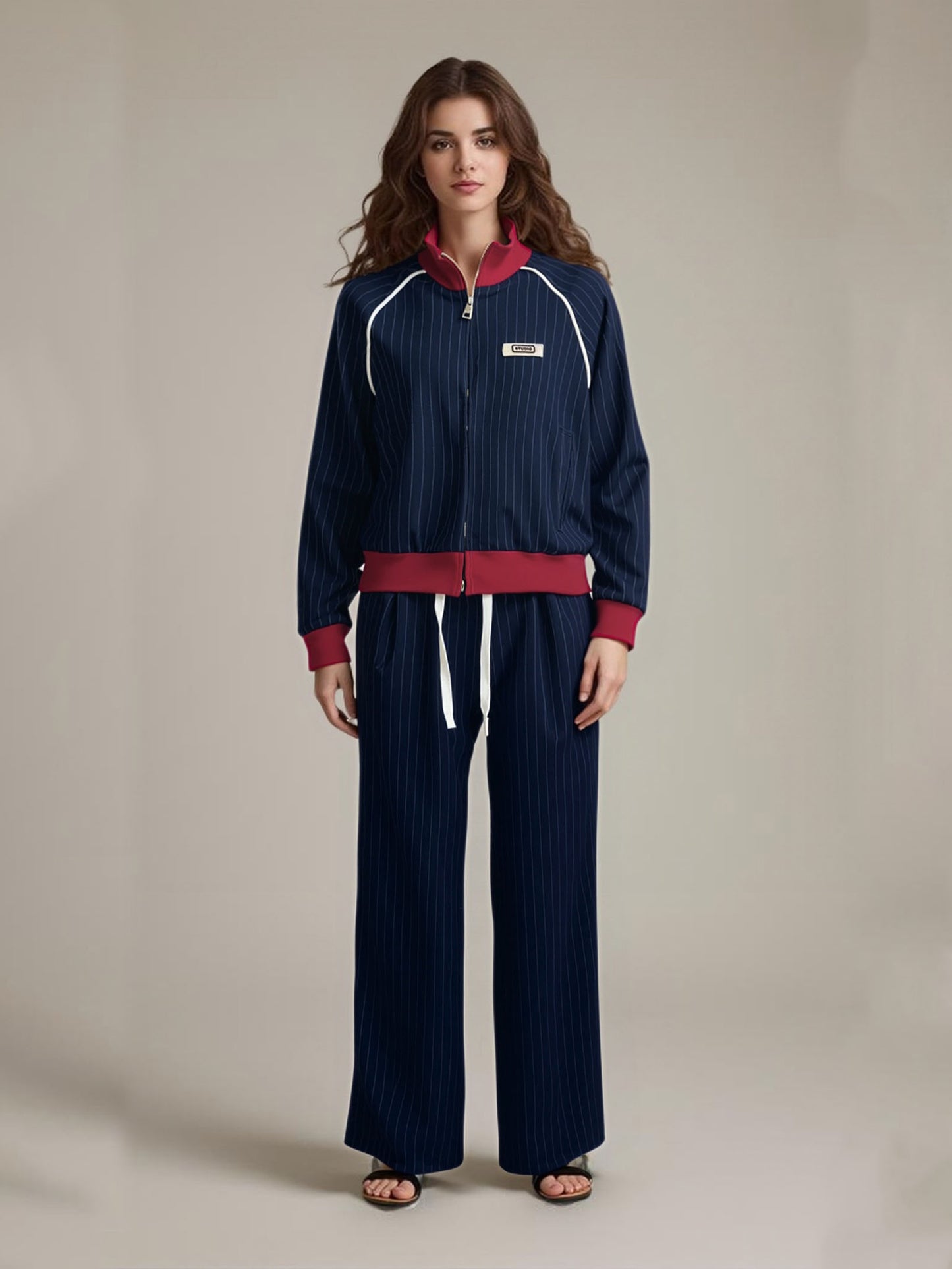 Women's Contrast Color Stand Collar Striped Tracksuit, Retro Navy Wide-leg Two-piece Set