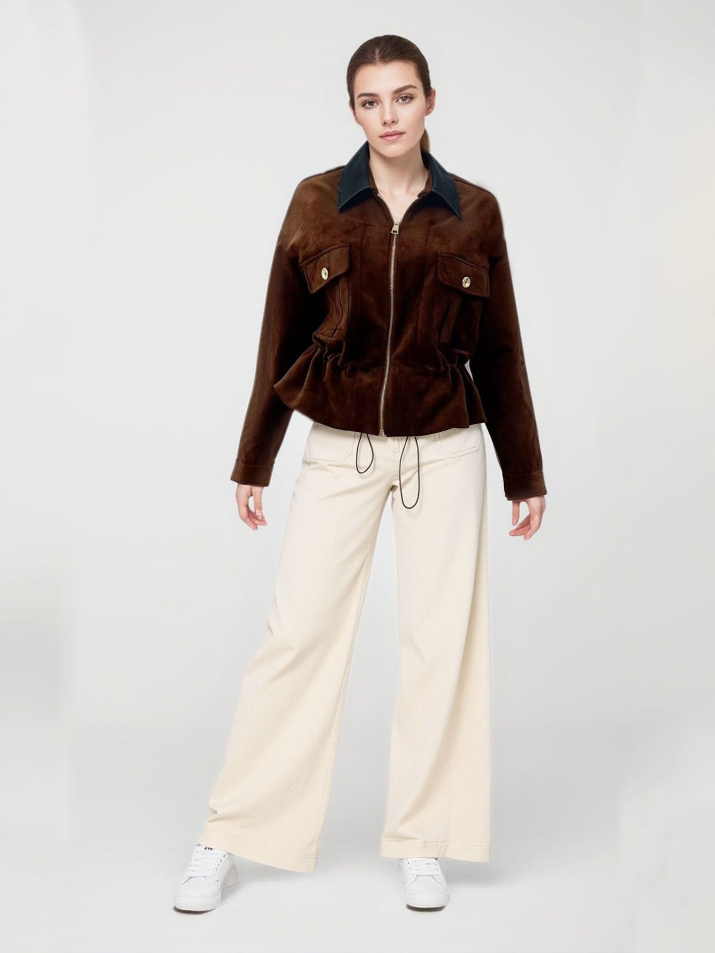 Women's Dark Brown Suede-Like Color-Block Fitted-Waist Cropped Jacket + Beige Wide-Leg Pants Two-Piece Set