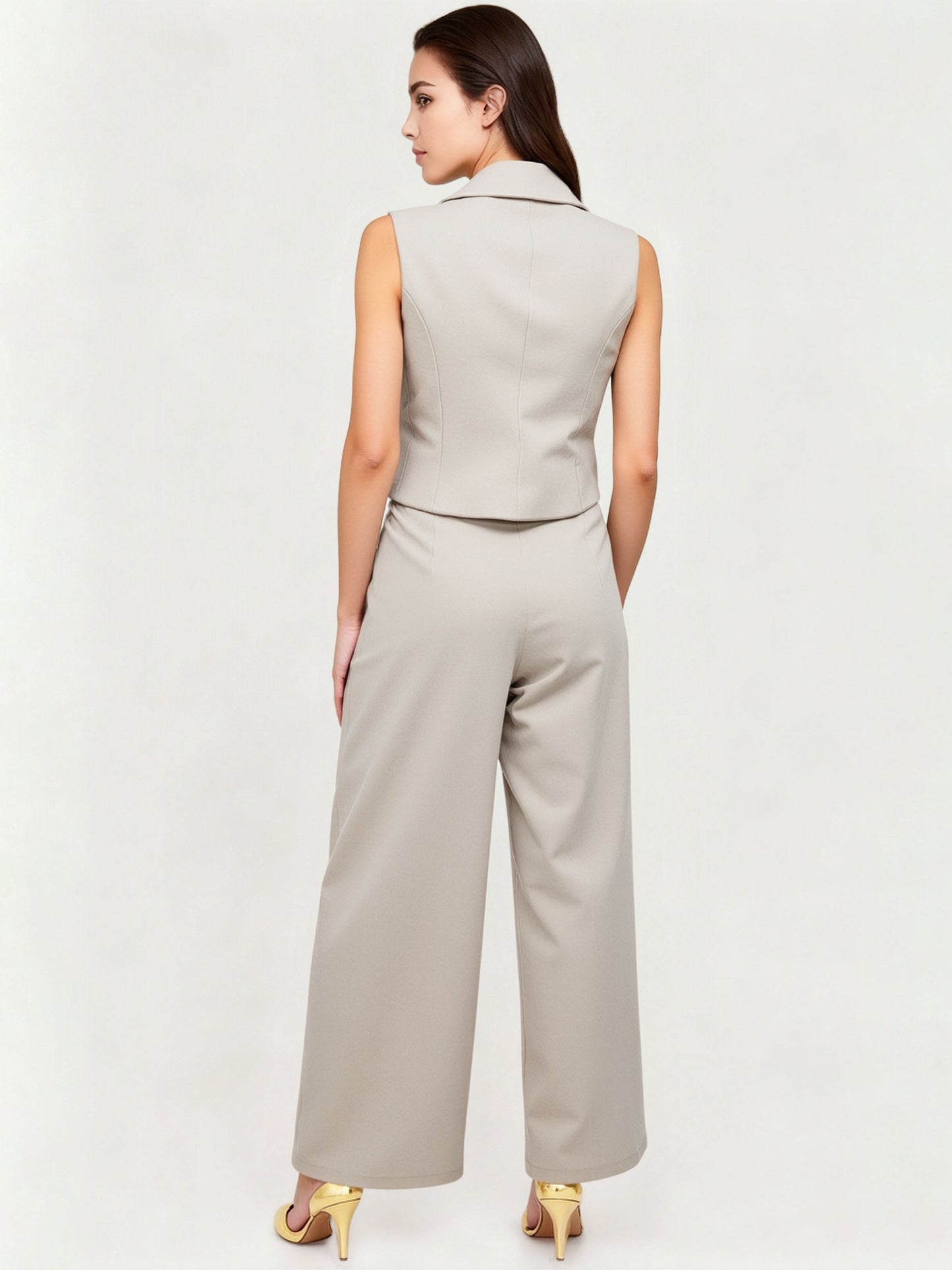 Women's Beige Irregular Metal-Button Sleeveless Vest + Wide-Leg Pants Two-Piece Set