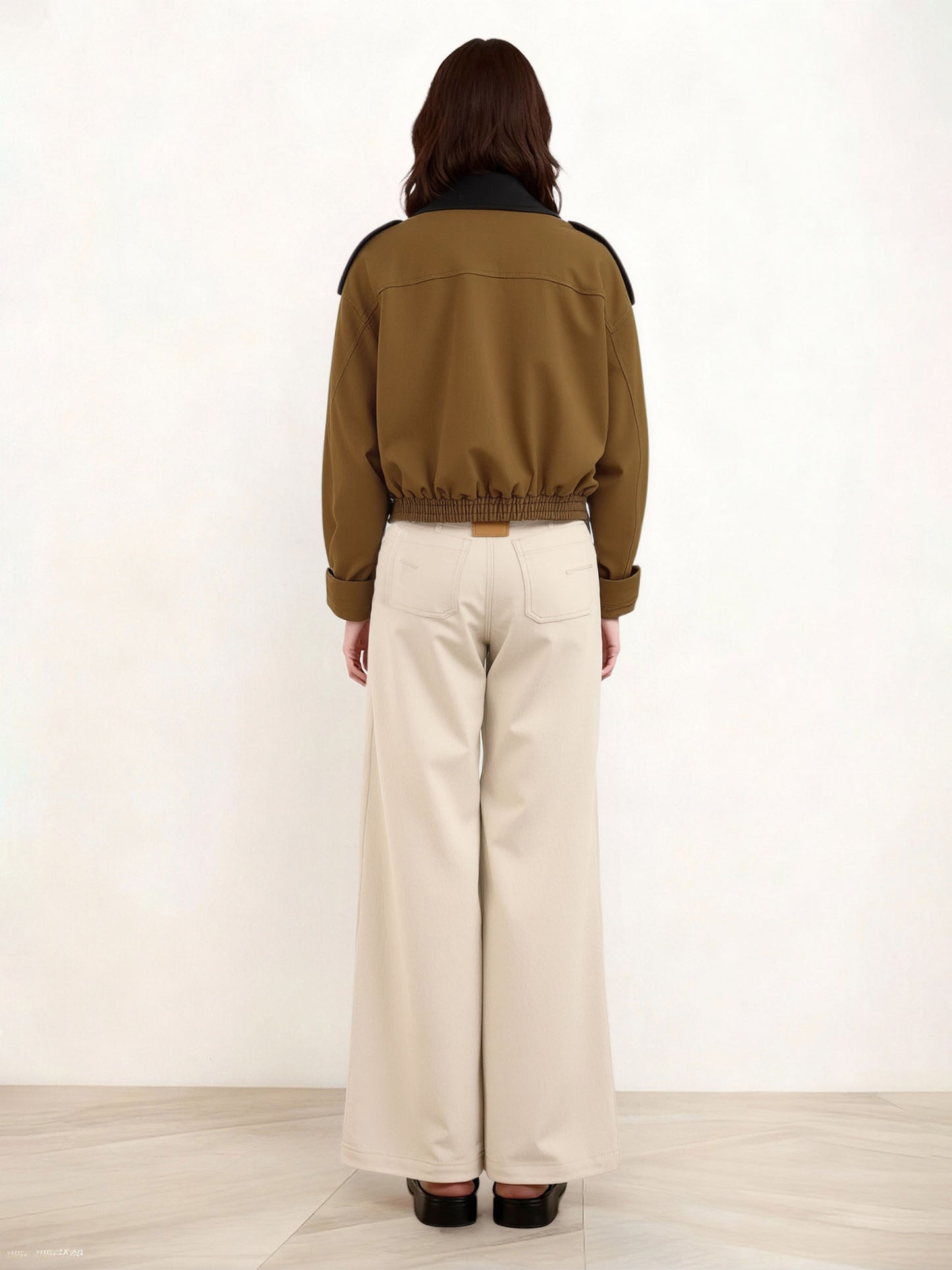 Women's Brown-Coffee Color-Block Paneled Cropped Utility-Style Jacket + Beige Wide-Leg Pants Two-Piece Set