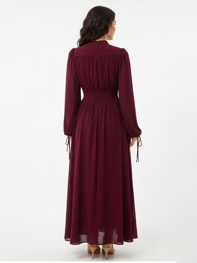 "Women's Burgundy Stand Collar Long-sleeve Waist-defined Maxi Dress, Retro-style Elegant Slimming Dress "
