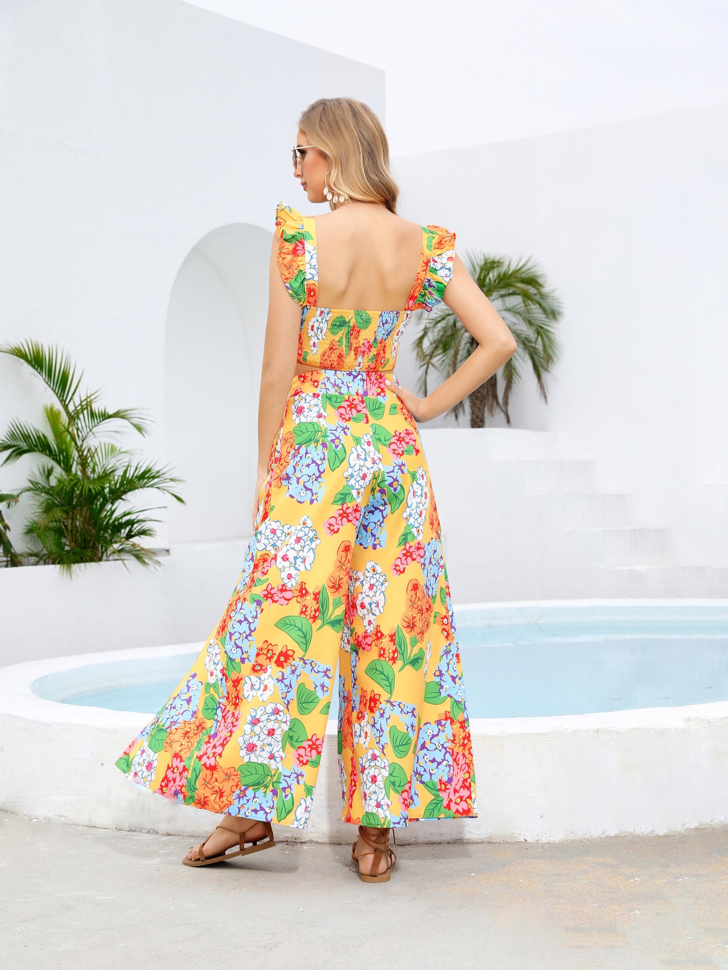 "Women's Yellow Floral Print Ruffled Crop Top + High-waisted Slit Maxi Skirt Set, Holiday Tropical-style Two-piece Outfit "
