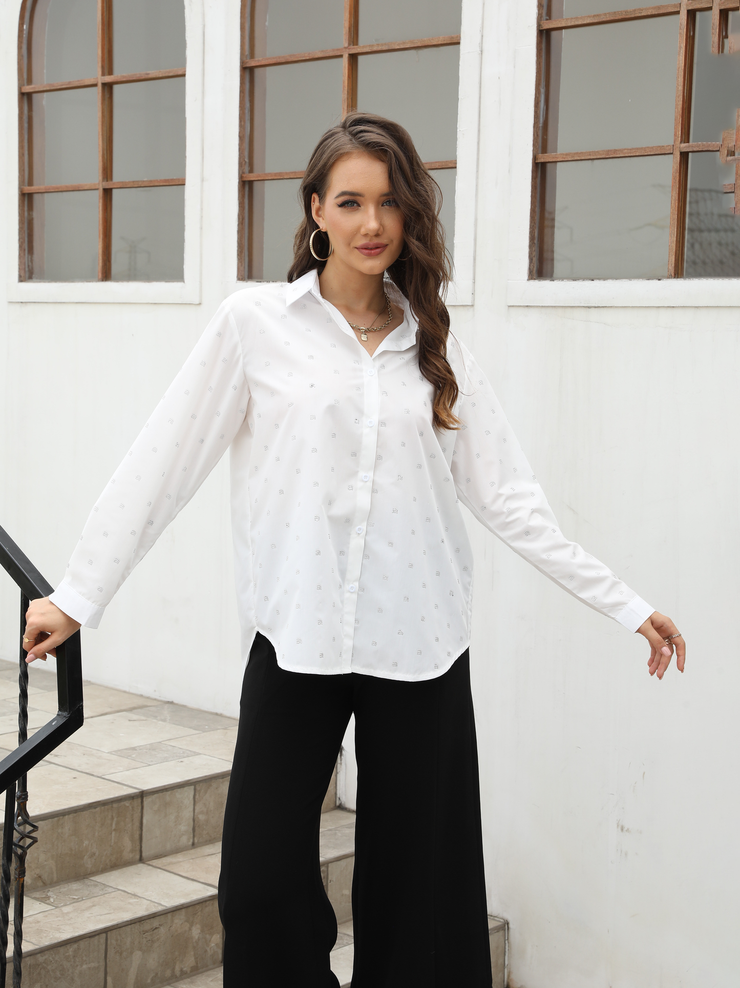 Women's White Small Polka Dot Loose Shirt + Black Wide-leg Pants Set, Office-style Minimalist Versatile Two-piece Outfit
