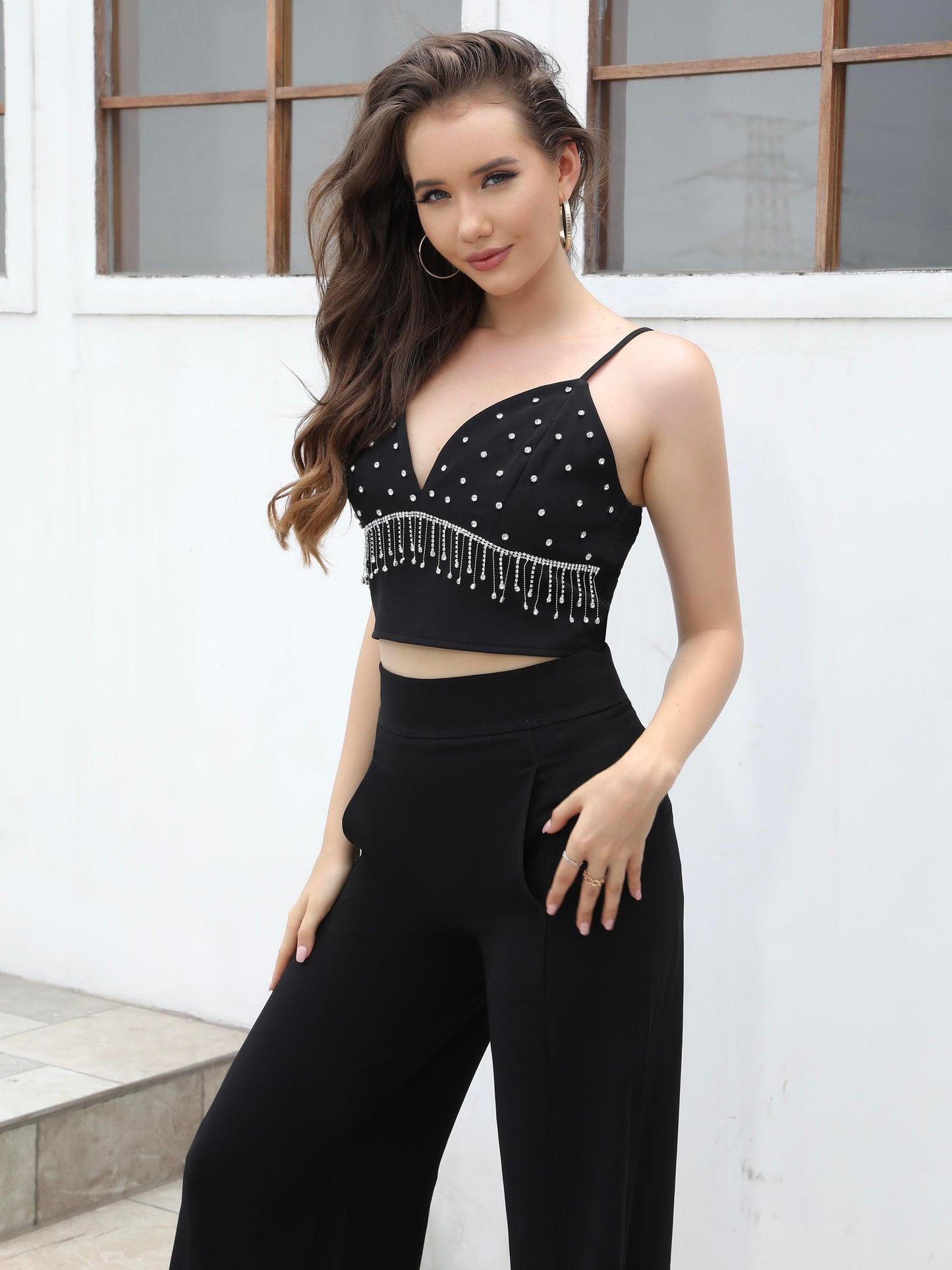 Women's Black Rhinestone Fringe Camisole Crop Top + Wide-leg Pants Set, Sexy Party-style Metallic Accent Two-piece Outfit