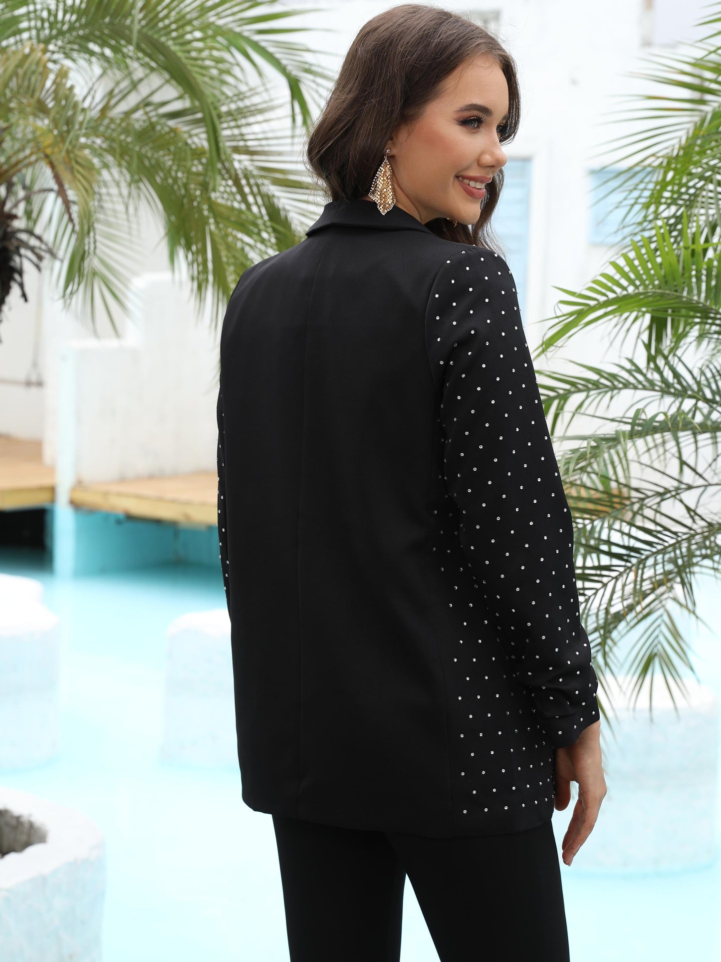 Women's Black Rhinestone Loose Blazer + Corset Top + Pants Set, Punk-style Metallic Accent Three-piece Outfit