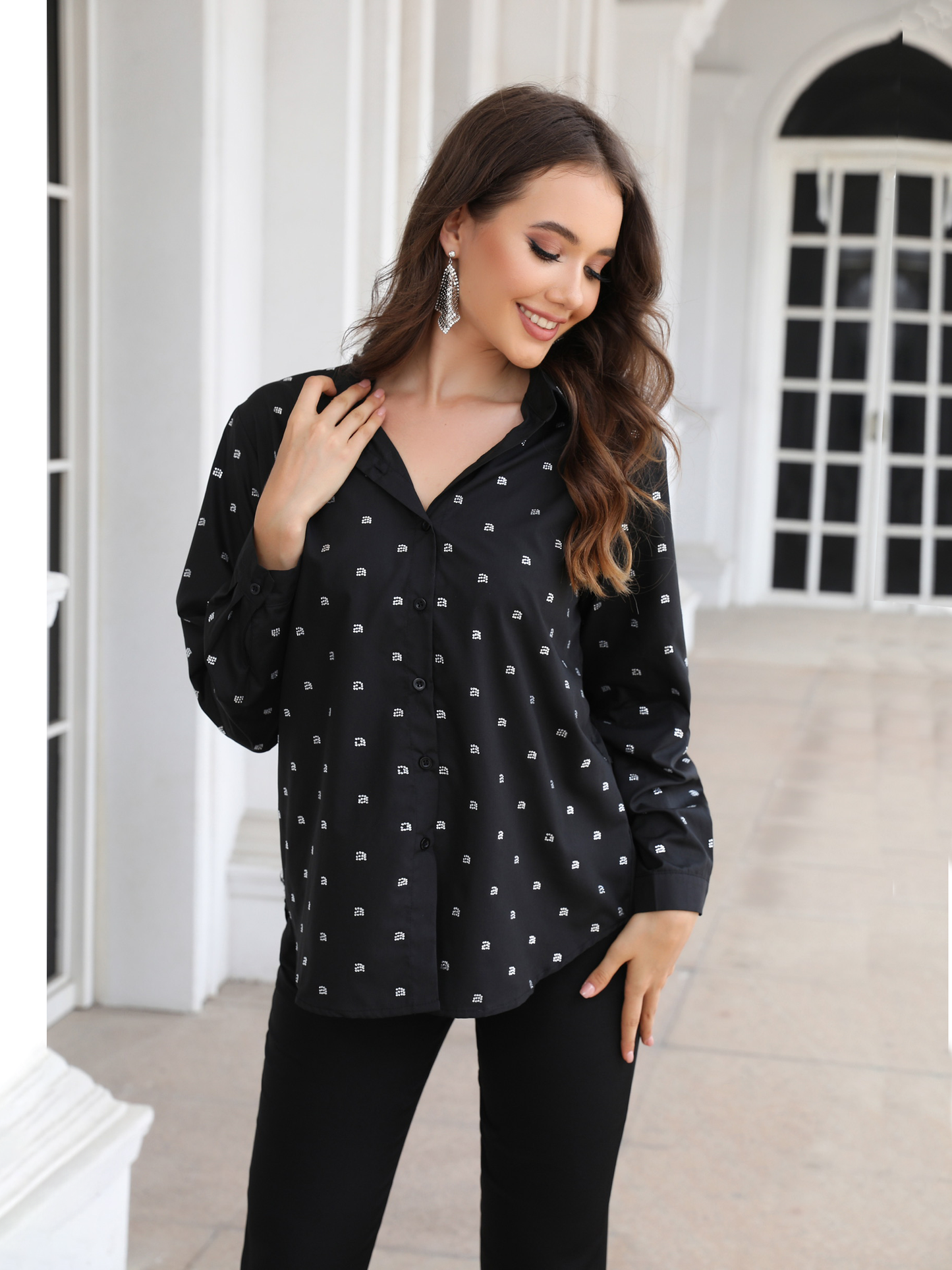 Women's Black Small Polka Dot Loose Shirt + Black Pants Set, Office-style Minimalist Slimming Two-piece Outfit