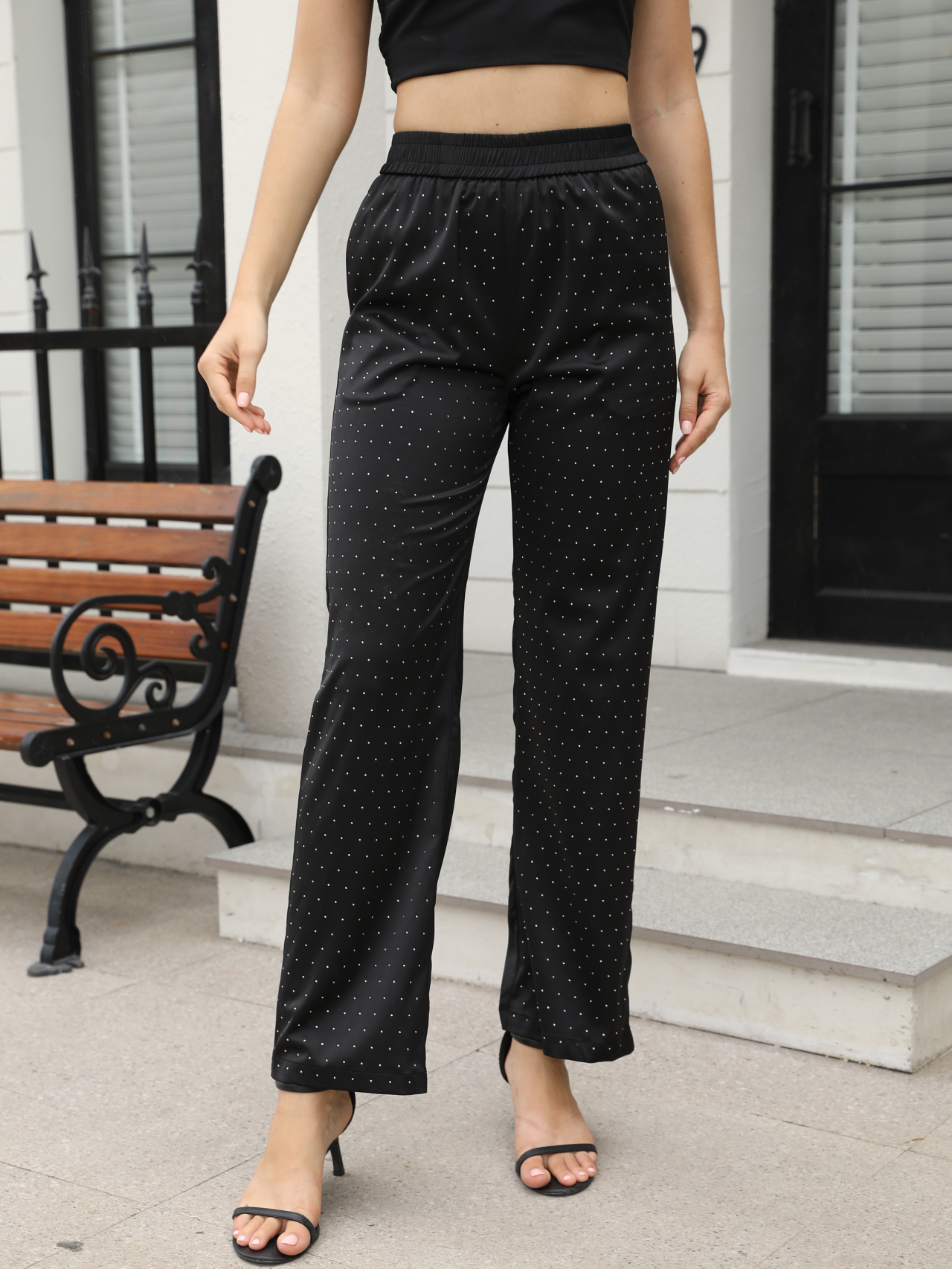 Women's Black Rhinestone Camisole Crop Top + Polka Dot Pants Set, Sexy Party-style Metallic Accent Two-piece Outfit