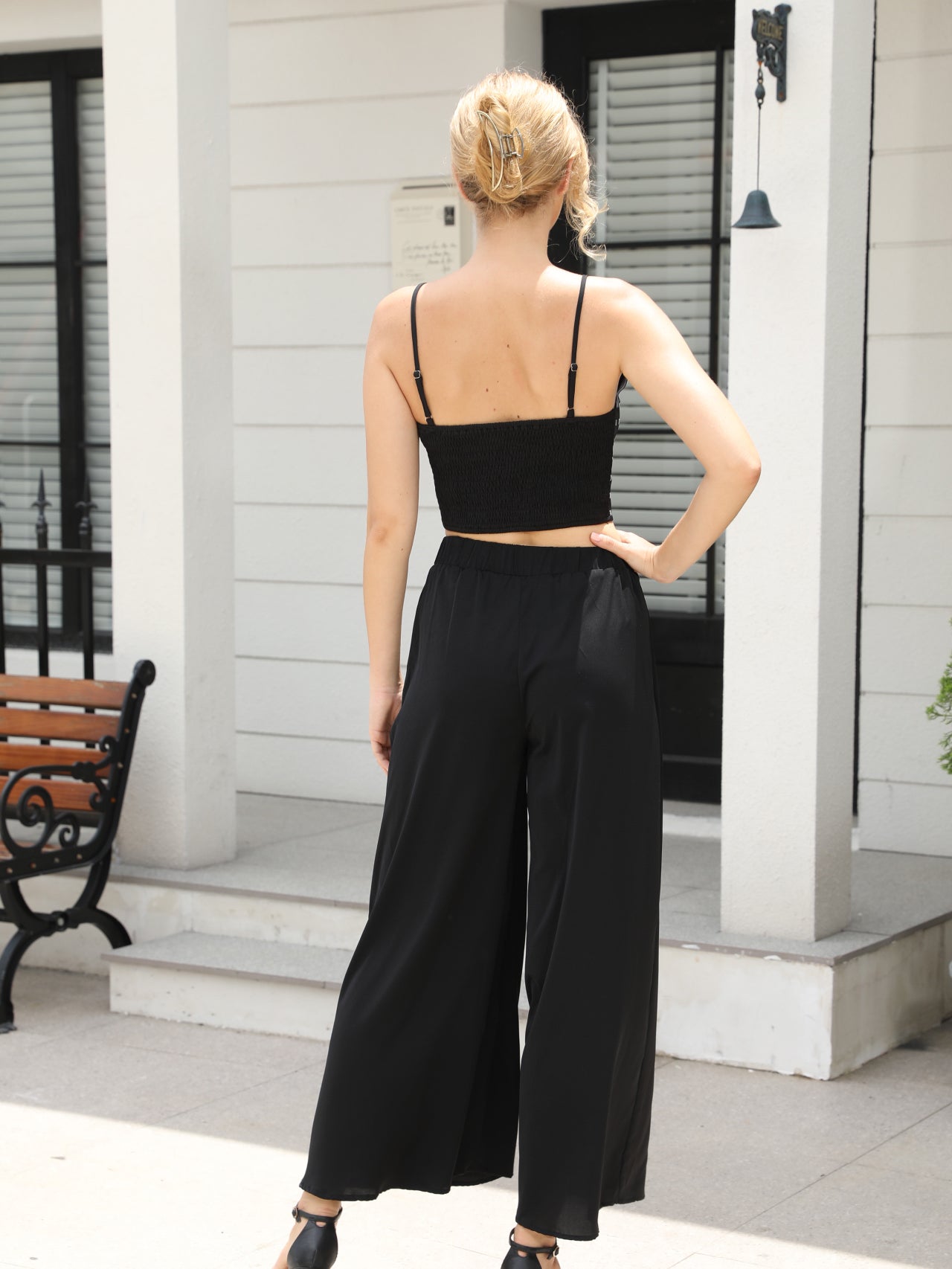 Women's Black Rhinestone Decorated Camisole Crop Top + Wide-leg Pants Set, Party-style Retro Metallic Accent Two-piece Outfit