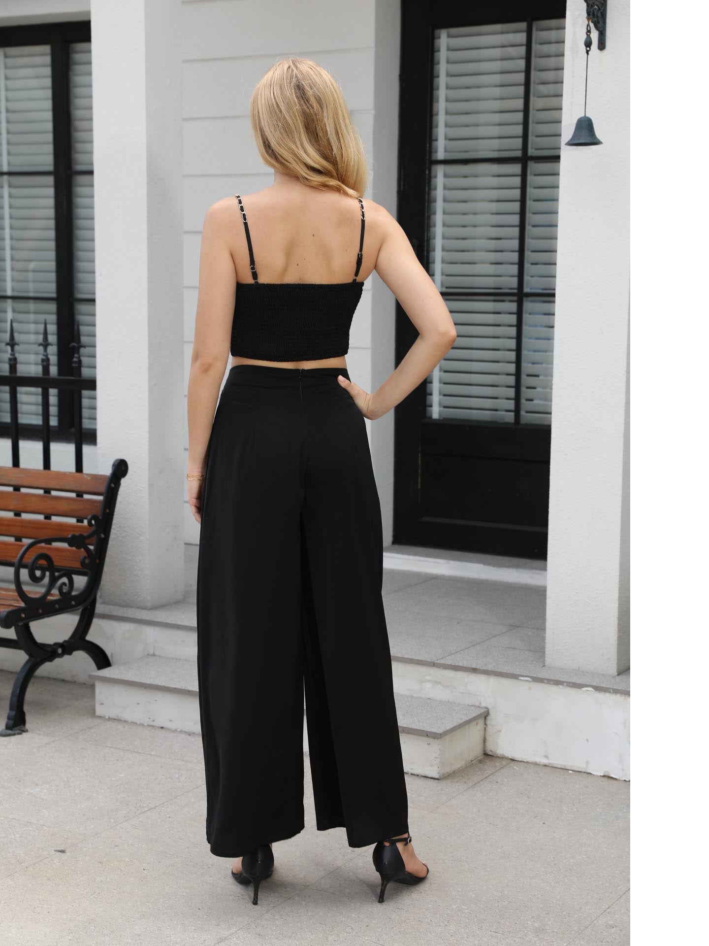 Women's Black Chain Strap Crop Top + High-waisted Wide-leg Pants Set, Sexy Party-style Metallic Accent Two-piece Outfit