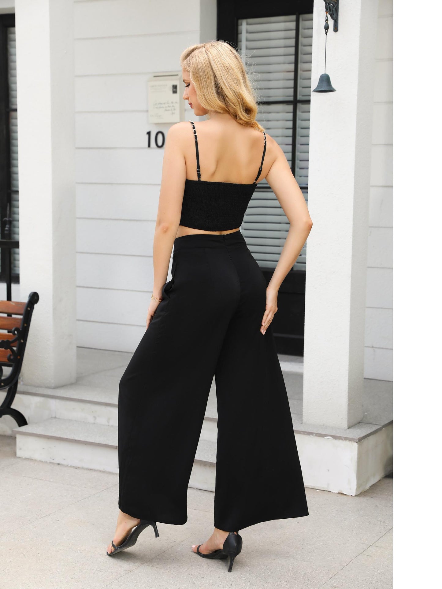 Women's Black Chain Strap Crop Top + High-waisted Wide-leg Pants Set, Sexy Party-style Metallic Accent Two-piece Outfit