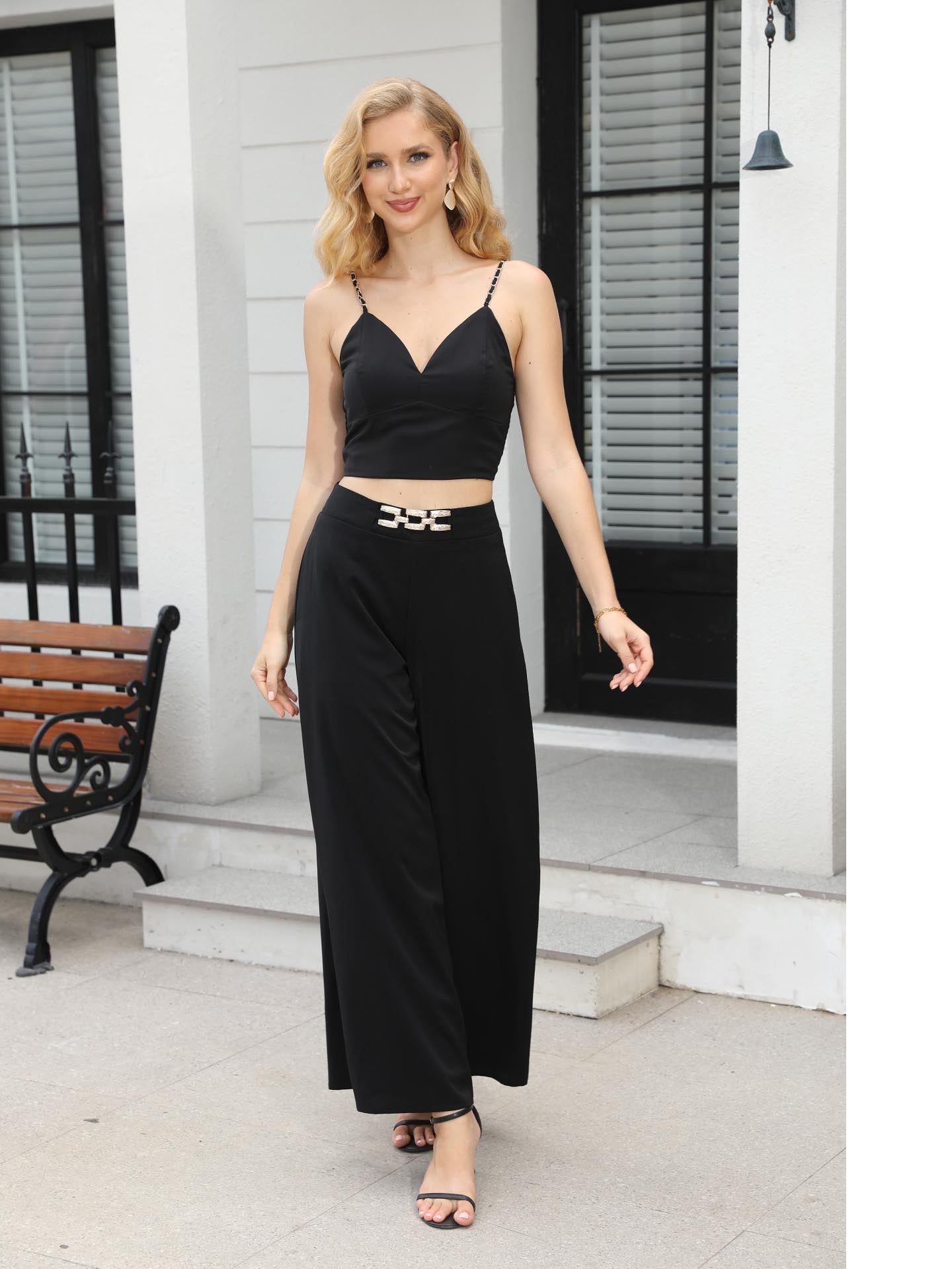 Women's Black Chain Strap Crop Top + High-waisted Wide-leg Pants Set, Sexy Party-style Metallic Accent Two-piece Outfit