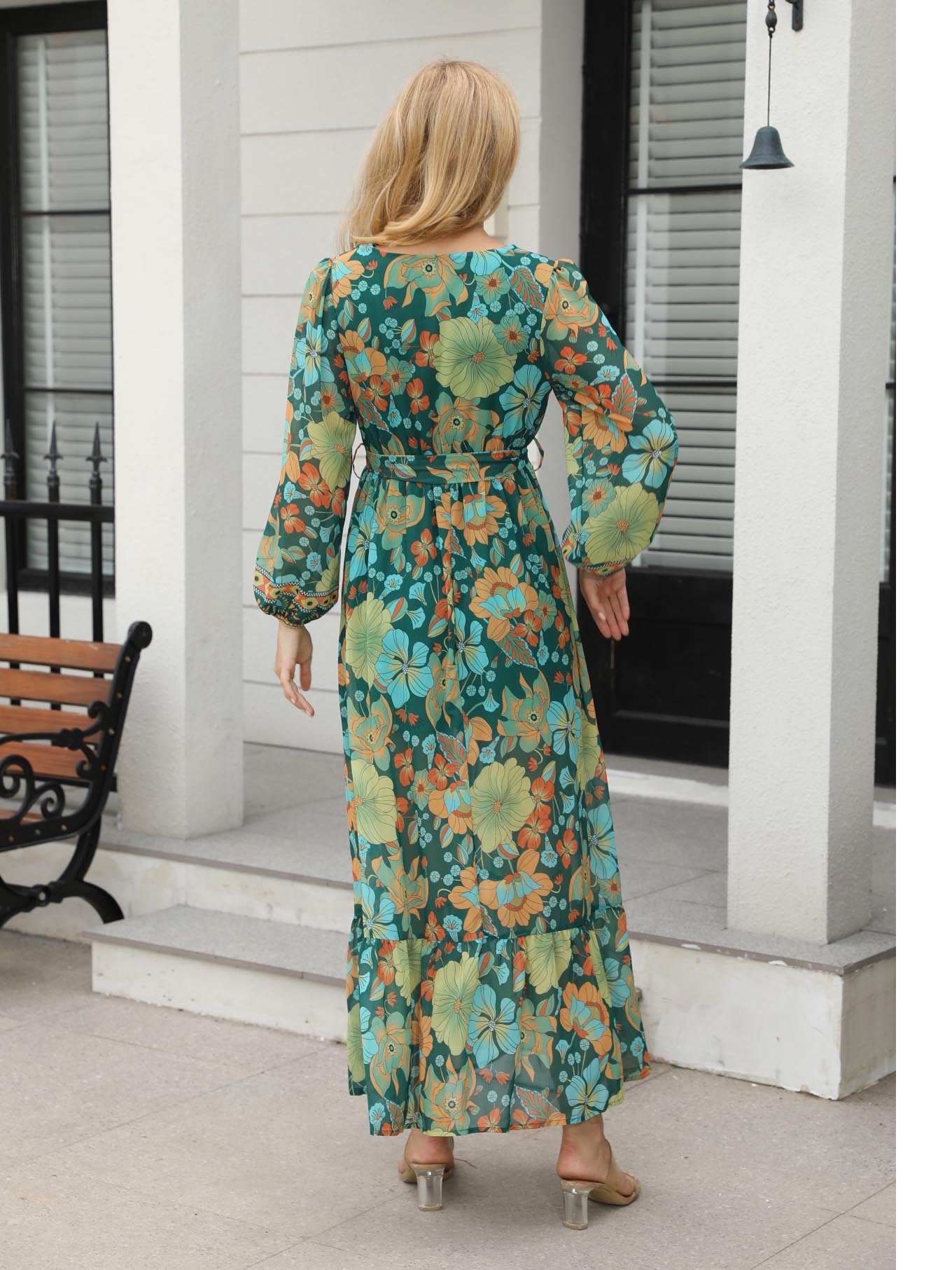 Women's Green-based Colorful Floral Print Deep V Long-sleeve Maxi Dress, Retro Bohemian-style Dress