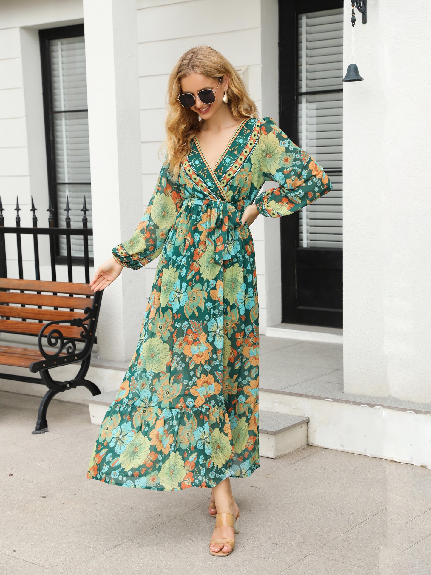 Women's Green-based Colorful Floral Print Deep V Long-sleeve Maxi Dress, Retro Bohemian-style Dress