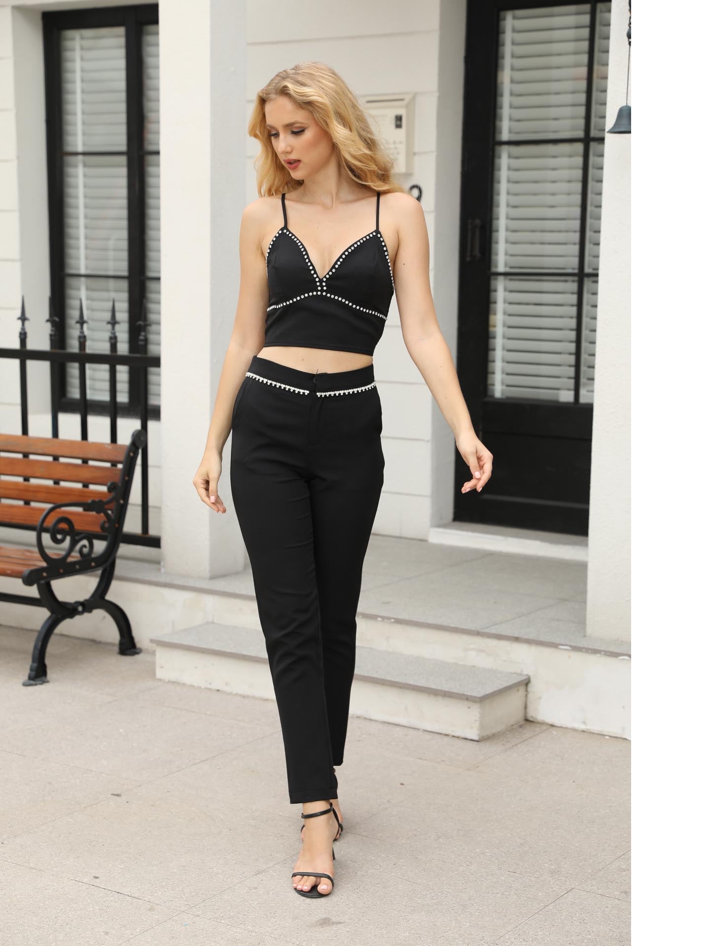 Women's Black Rhinestone Camisole Crop Top + Pants Set, Sexy Party-style Metallic Accent Two-piece Outfit