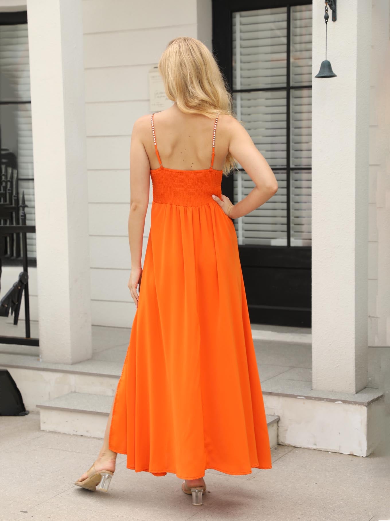 Women's Orange Rhinestone Strap Deep V Slit Maxi Dress, Party-style Sexy Waisted Slimming Dress