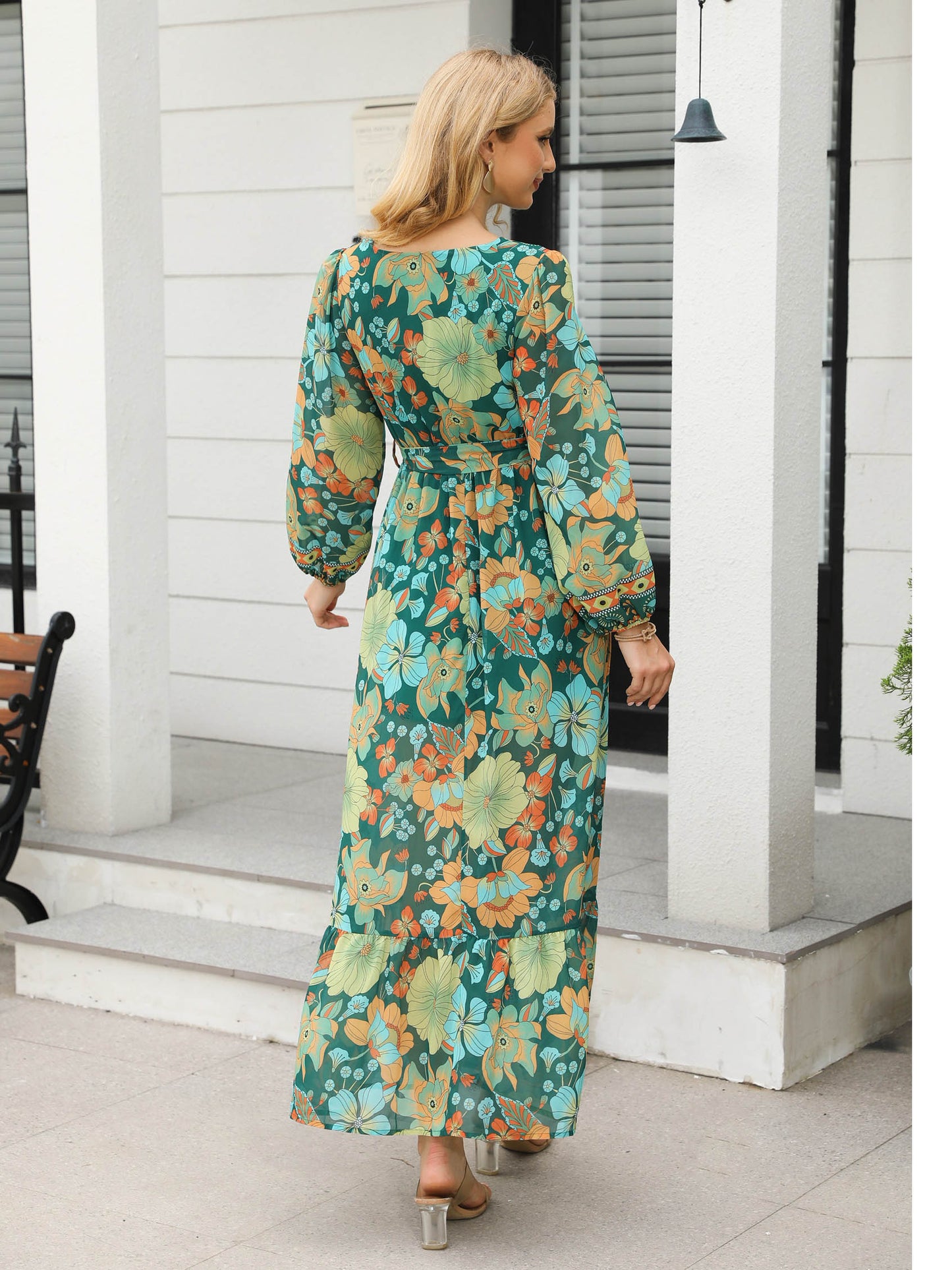 Women's Green-based Colorful Floral Print Deep V Long-sleeve Maxi Dress, Retro Bohemian-style Dress