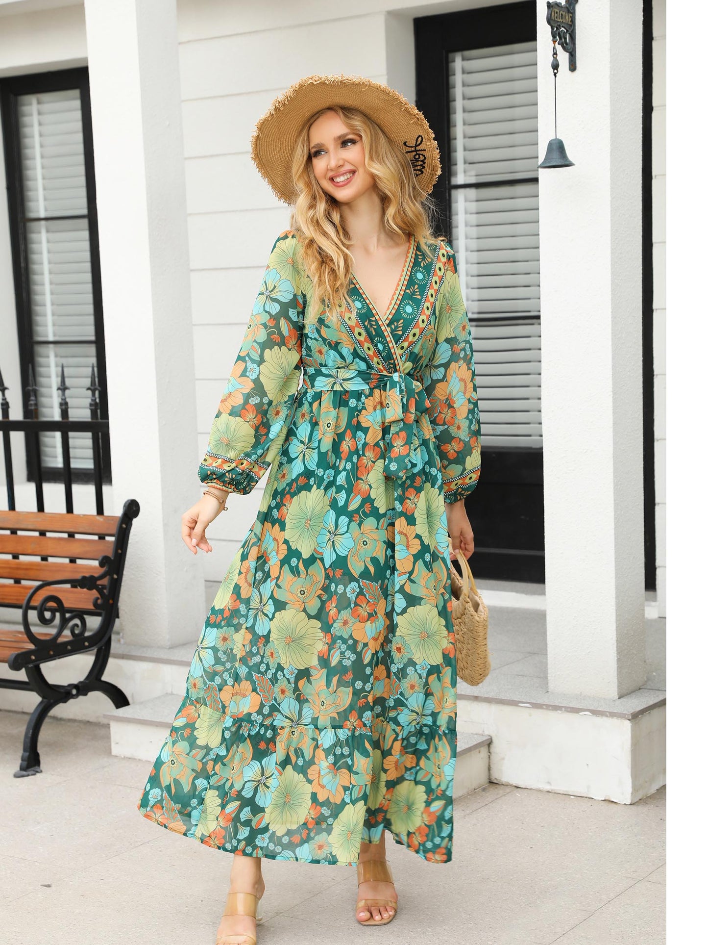 Women's Green-based Colorful Floral Print Deep V Long-sleeve Maxi Dress, Retro Bohemian-style Dress
