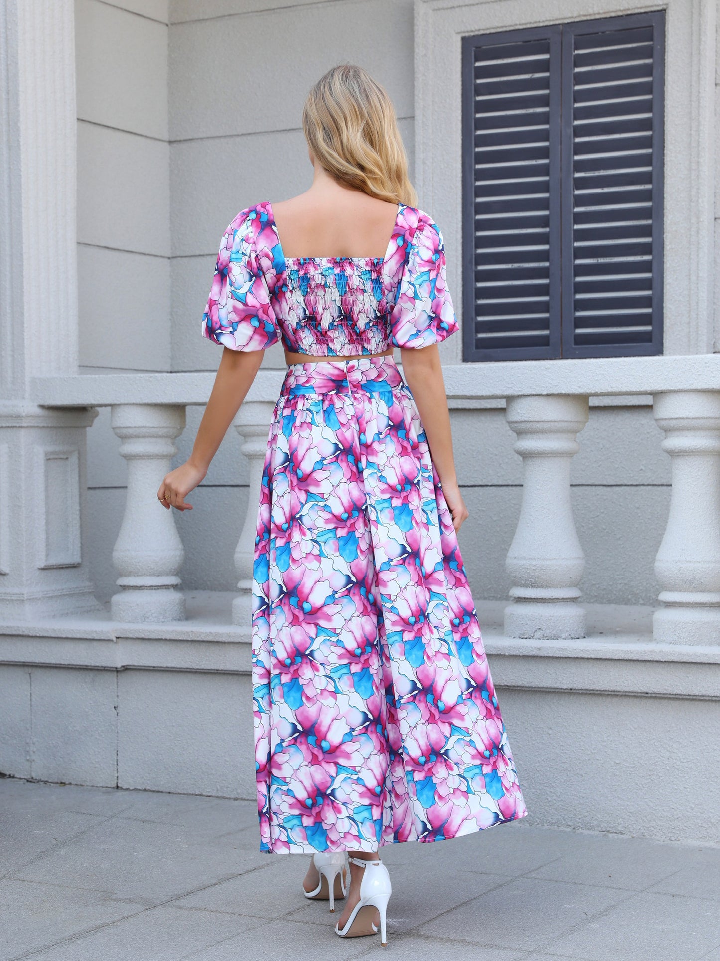Women's Pink and Blue Floral Puff Sleeve Crop Top + Slit Maxi Skirt Set, Holiday-style Sweet Waisted Two-piece Outfit