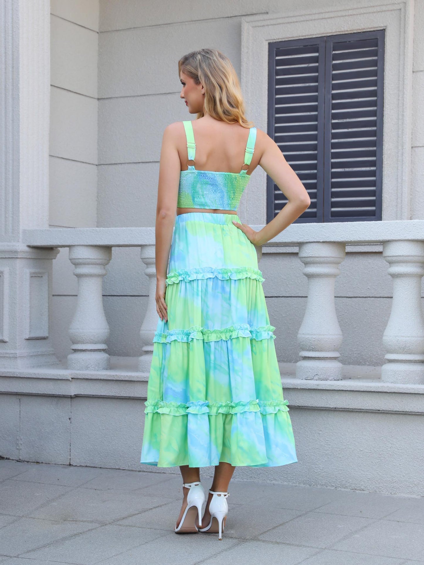 Women's Green and Blue Tie-dye Camisole Crop Top + Ruffled Maxi Skirt Set, Holiday-style Sweet Waisted Two-piece Outfit