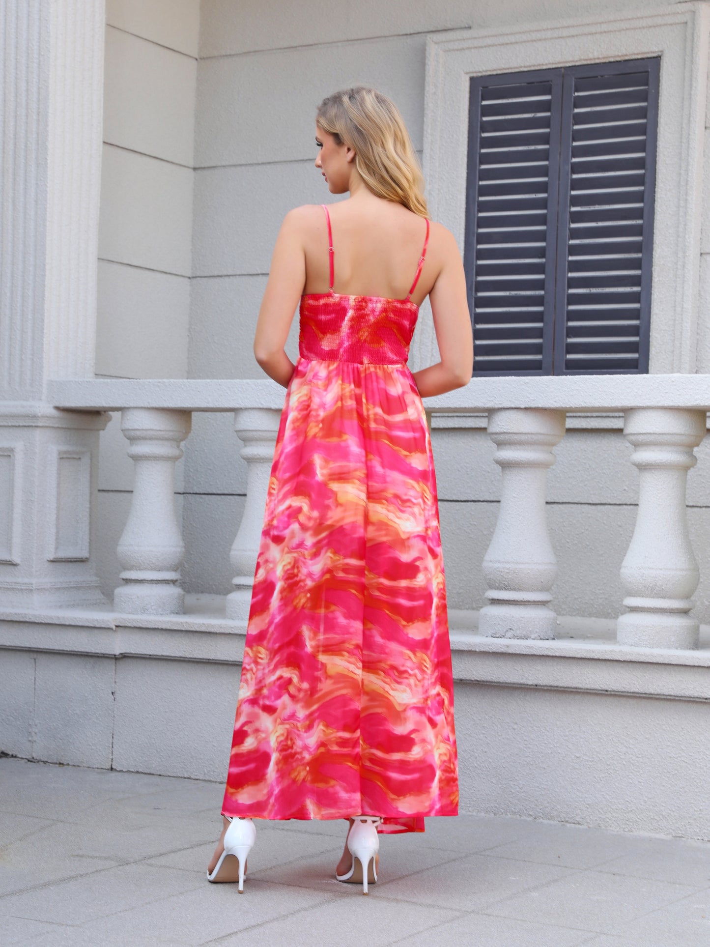 Women's Pink and Orange Tie-dye Camisole Slit Maxi Dress, Holiday-style Sexy Waisted Floor-length Dress