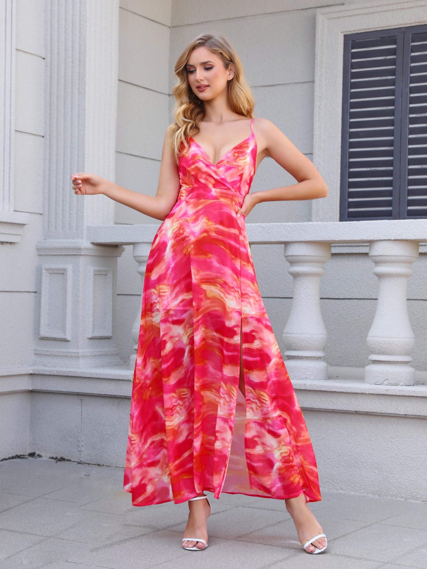 Women's Pink and Orange Tie-dye Camisole Slit Maxi Dress, Holiday-style Sexy Waisted Floor-length Dress