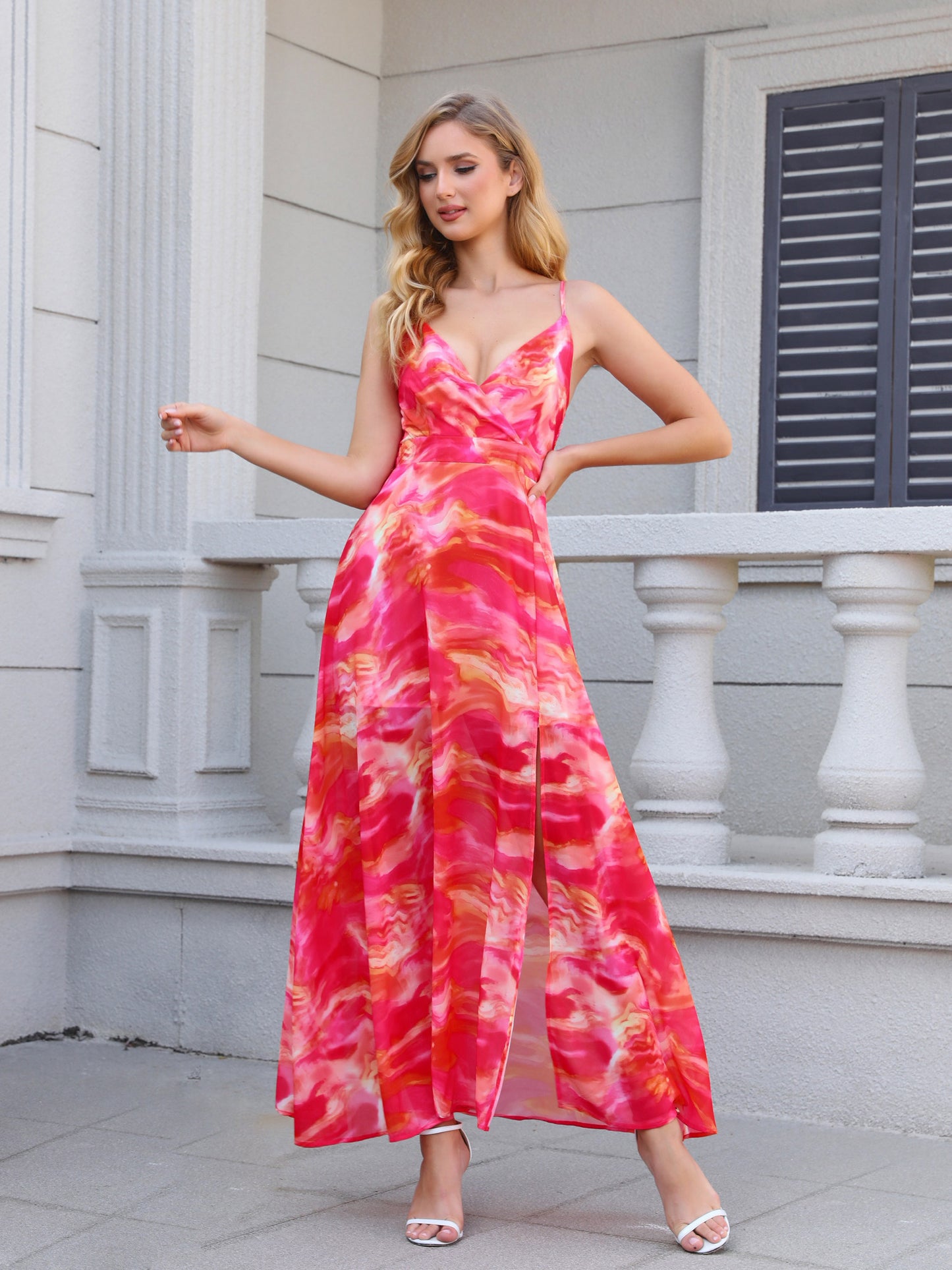 Women's Pink and Orange Tie-dye Camisole Slit Maxi Dress, Holiday-style Sexy Waisted Floor-length Dress