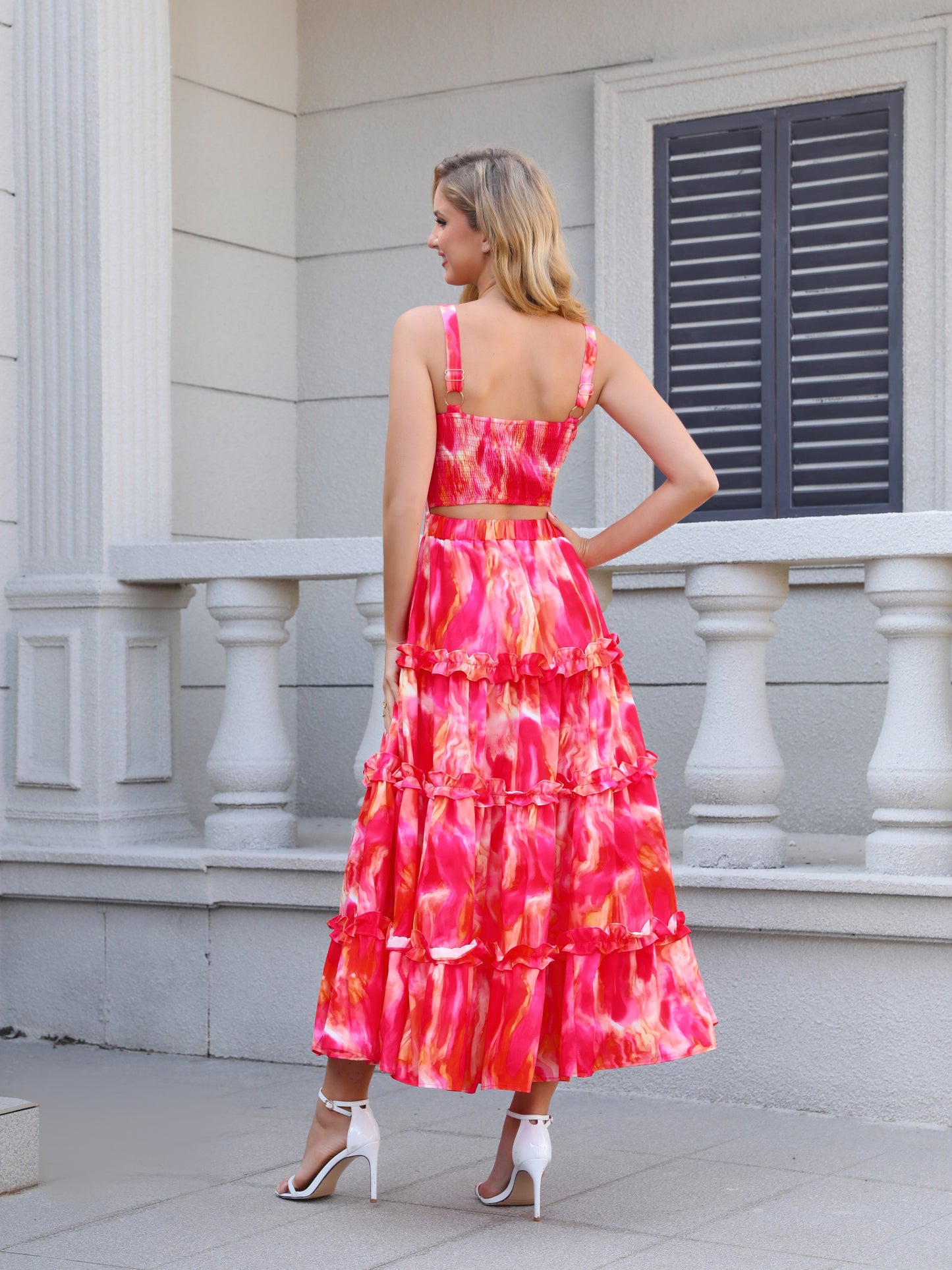 Women's Pink Tie-dye Camisole Ruffled Maxi Dress, Holiday-style Sweet Waisted Midi Dress