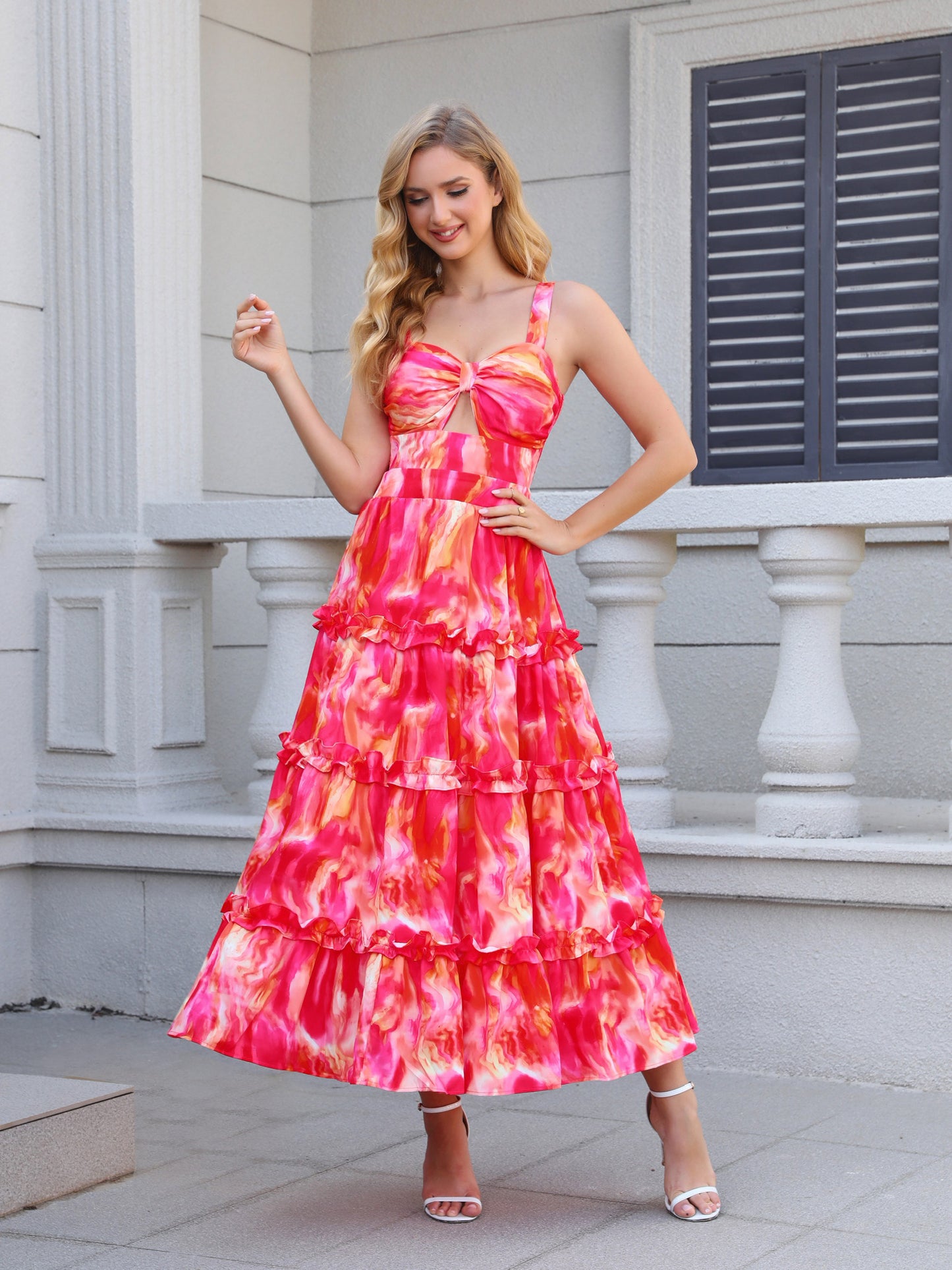 Women's Pink Tie-dye Camisole Ruffled Maxi Dress, Holiday-style Sweet Waisted Midi Dress