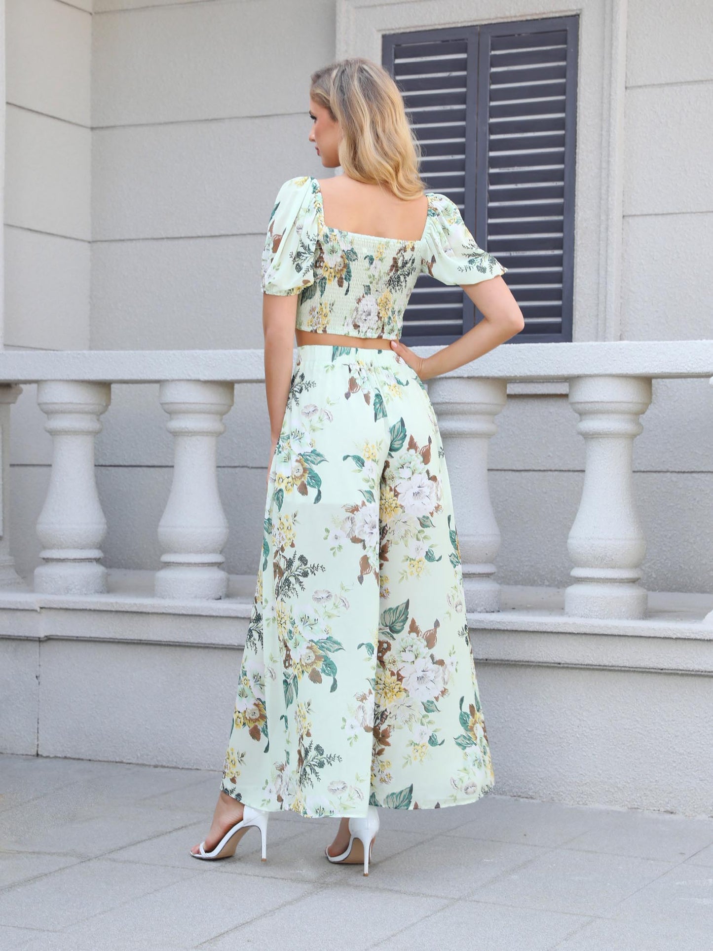 Women's Light Green Floral Print Puff Sleeve Crop Top + Wide-leg Pants Set, Holiday-style Sweet Waisted Two-piece Outfit