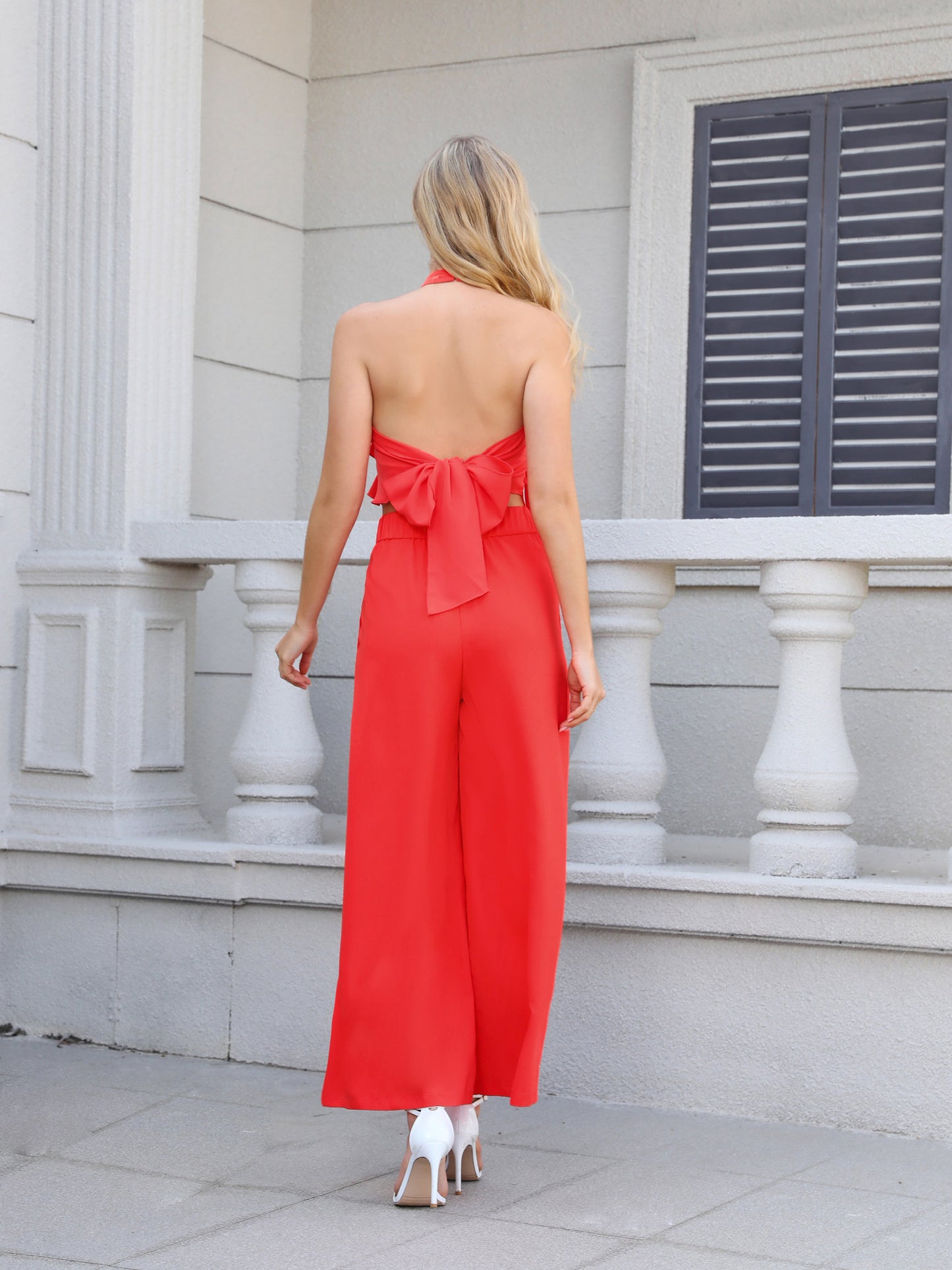 Women's Red Ruffled Halter Crop Top + Wide-leg Pants Set, Party-style Sweet Waisted Two-piece Outfit