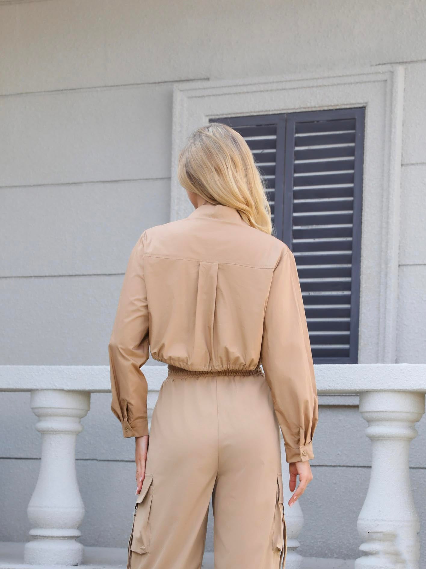 Women's Khaki Cargo-style Cropped Shirt + Wide-leg Pants Set, Casual Street-style Multi-pocket Two-piece Outfit