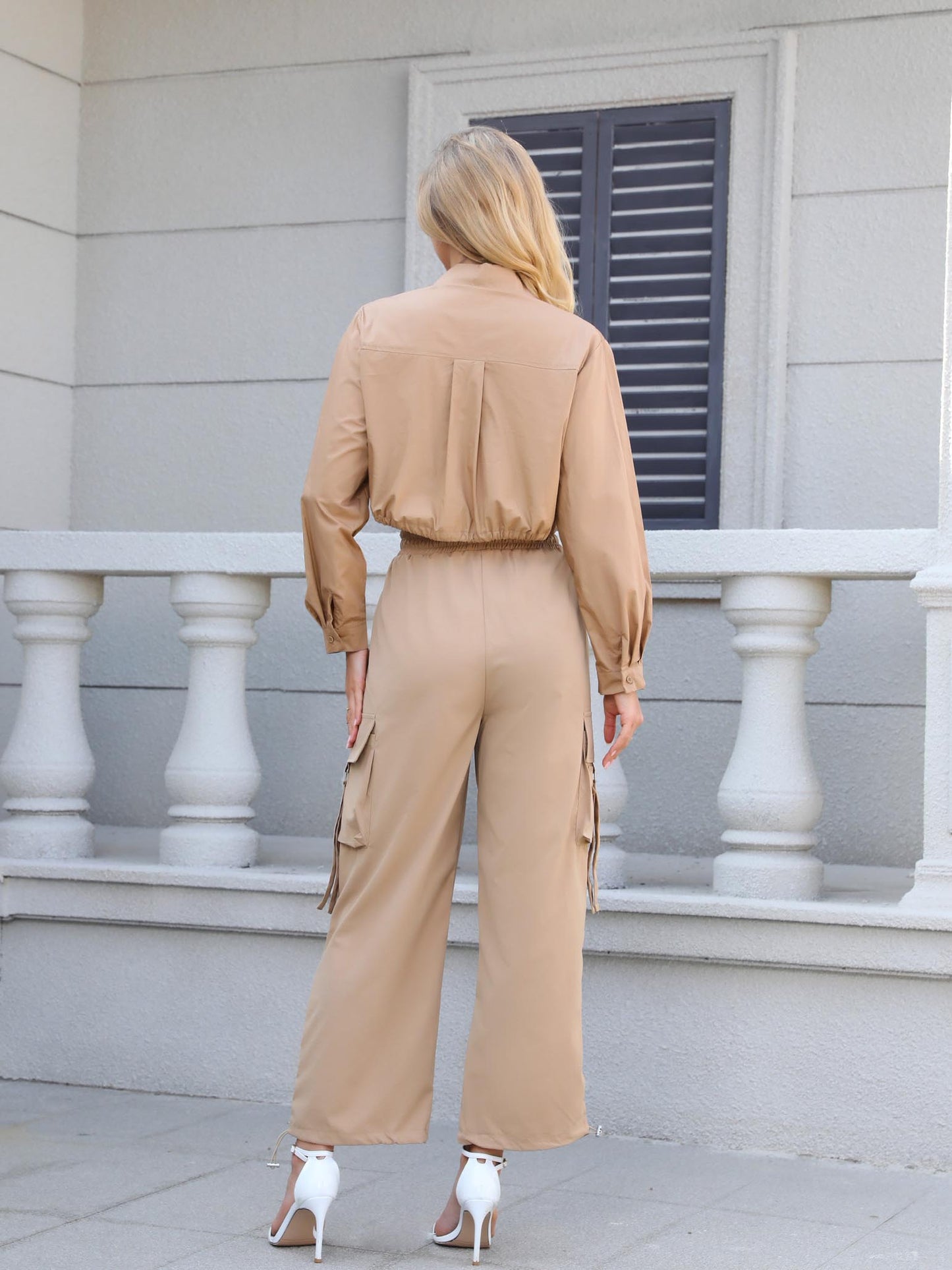 Women's Khaki Cargo-style Cropped Shirt + Wide-leg Pants Set, Casual Street-style Multi-pocket Two-piece Outfit
